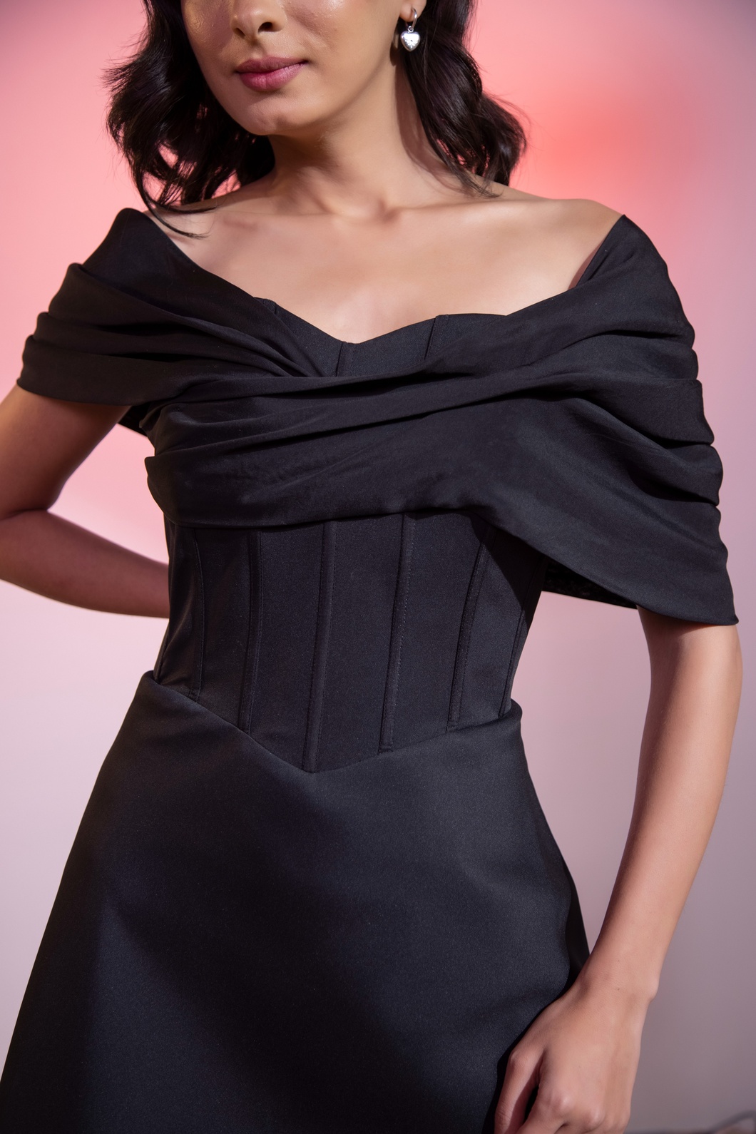 A model showcasing Black Offshoulder by Kanika Verma Couture from Kanika Verma Couture's collection