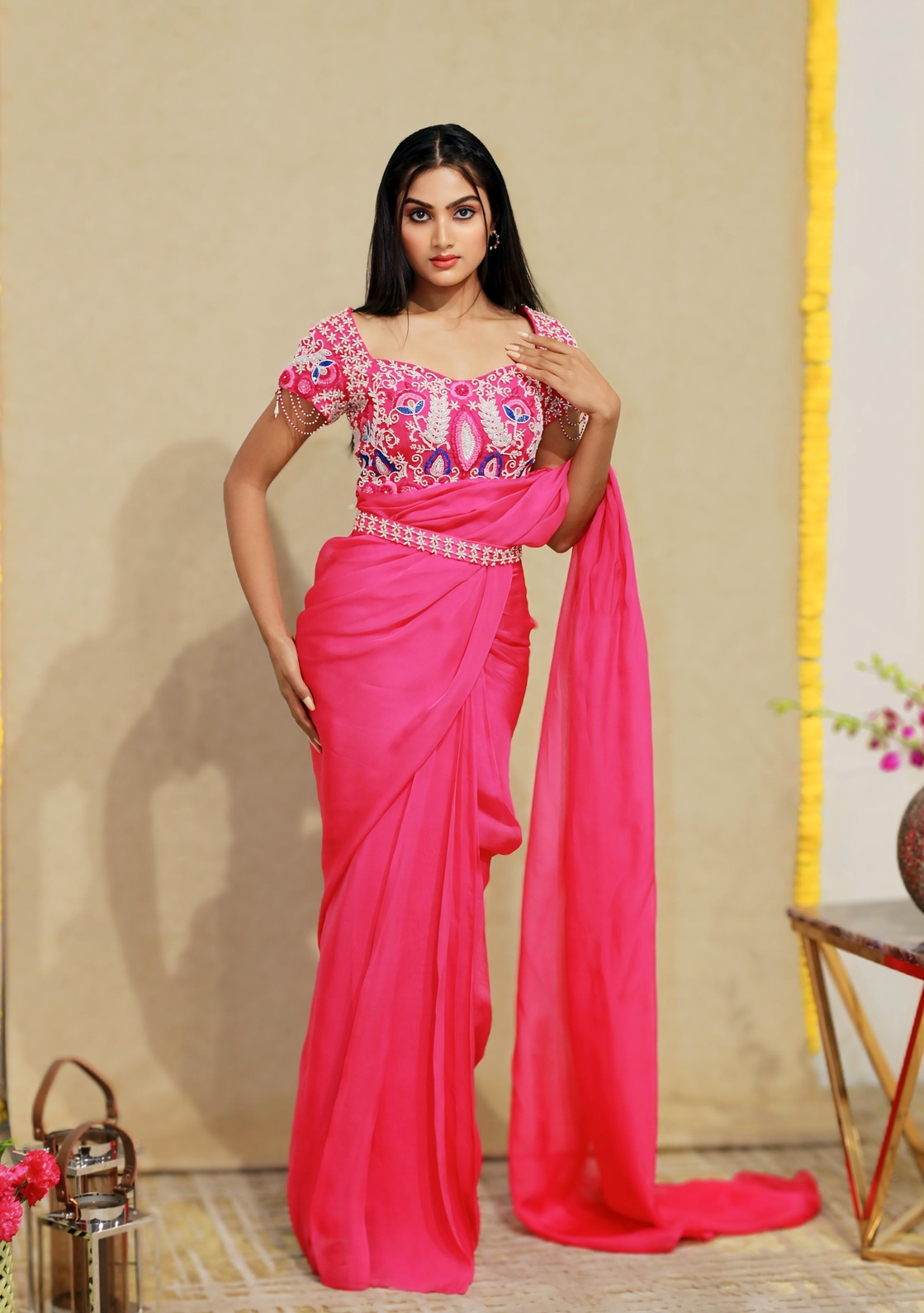 A model showcasing Rangoli Pink Drape Saree Feature image by Kanika Verma Couture from Kanika Verma Couture's collection
