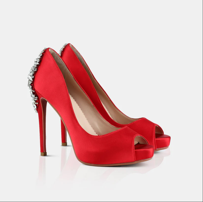 A model showcasing Red Satin Open Toe Platform Pumps Feature image by Elleganti from Elleganti's collection