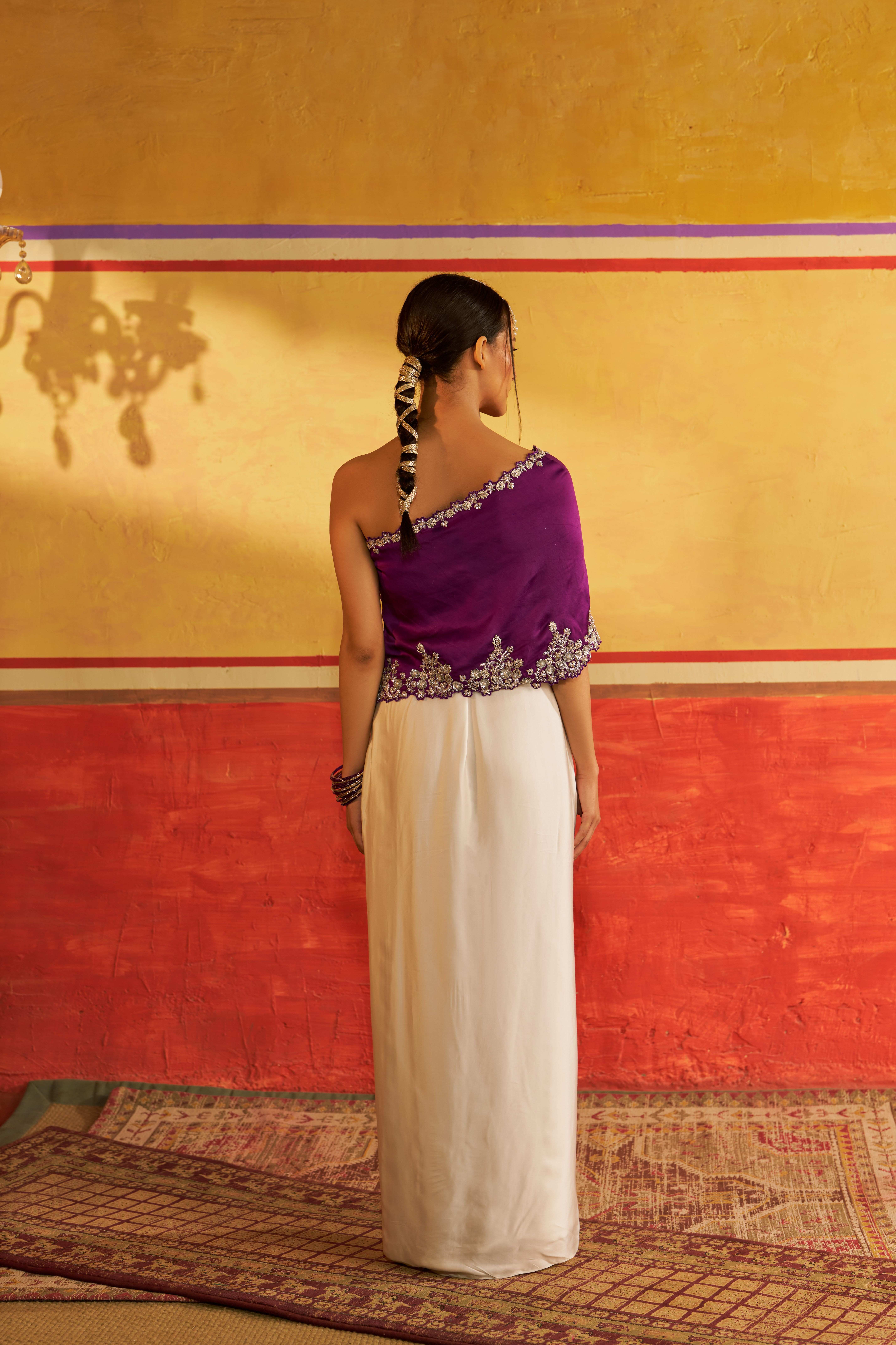 A model showcasing Zoya Purple White Kaftan Set by Gaamya from Gaamya's collection
