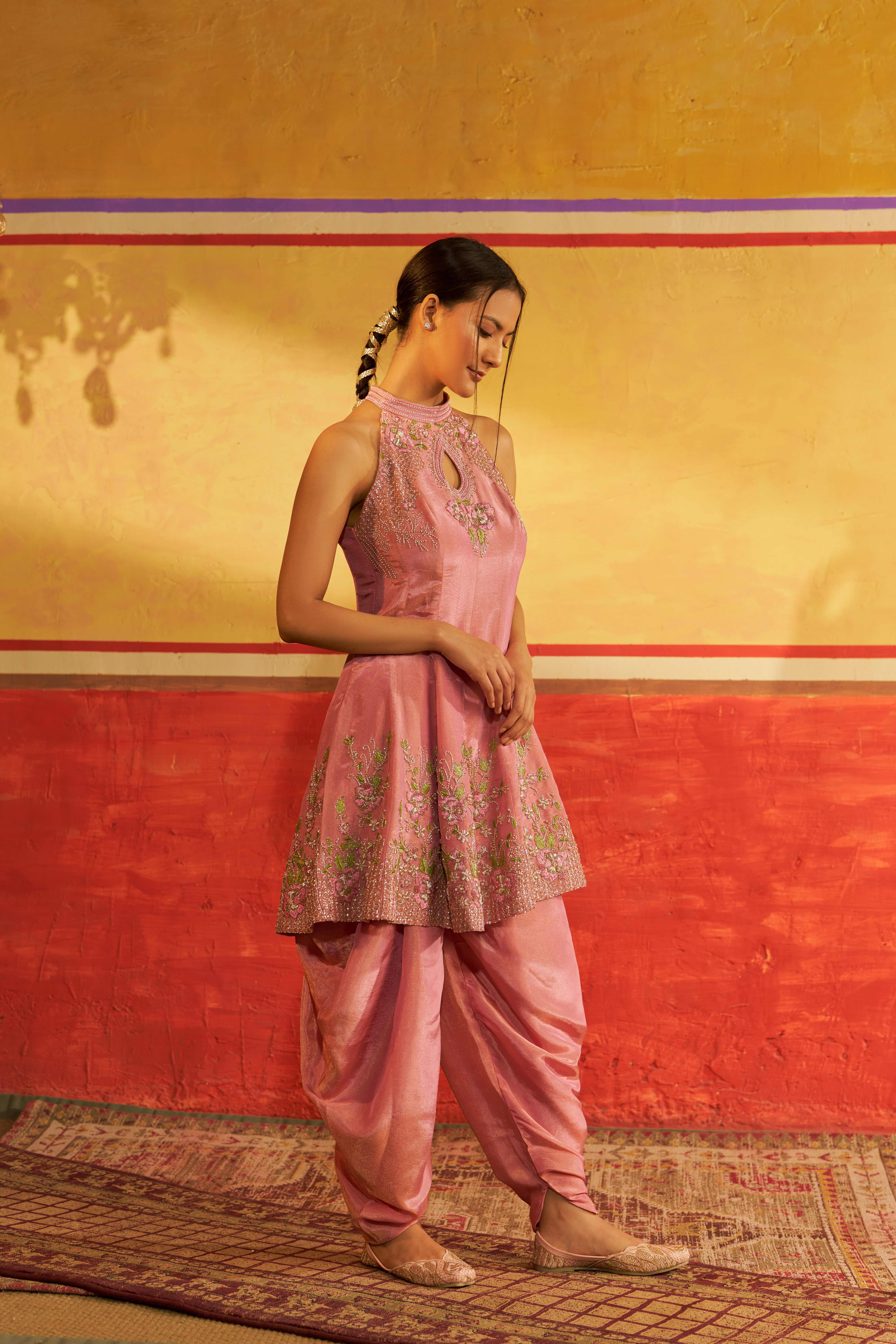 A model showcasing Sanjh Baby Pink Patiala Set With Dupatta by Gaamya from Gaamya's collection