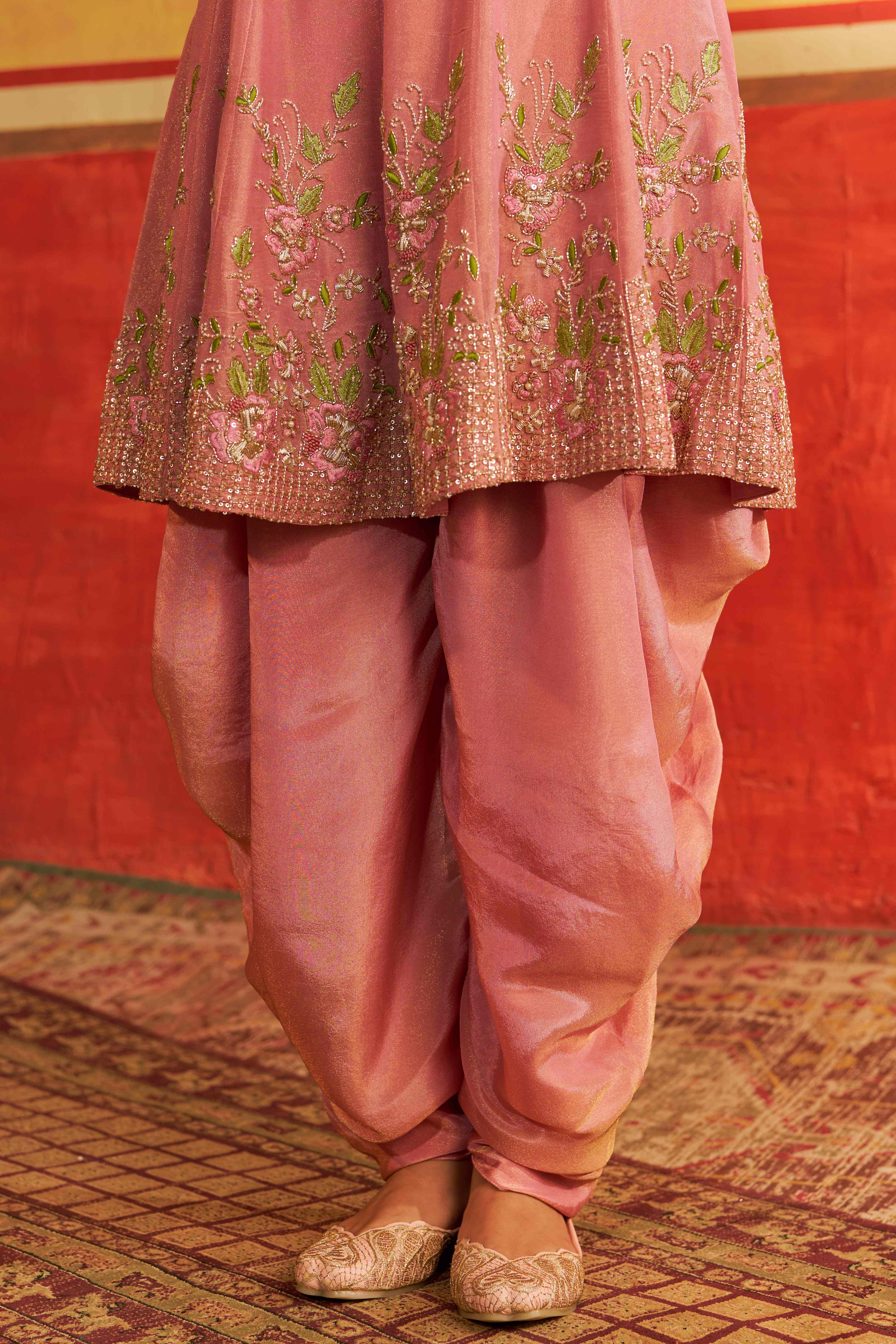 A model showcasing Sanjh Baby Pink Patiala Set With Dupatta by Gaamya from Gaamya's collection