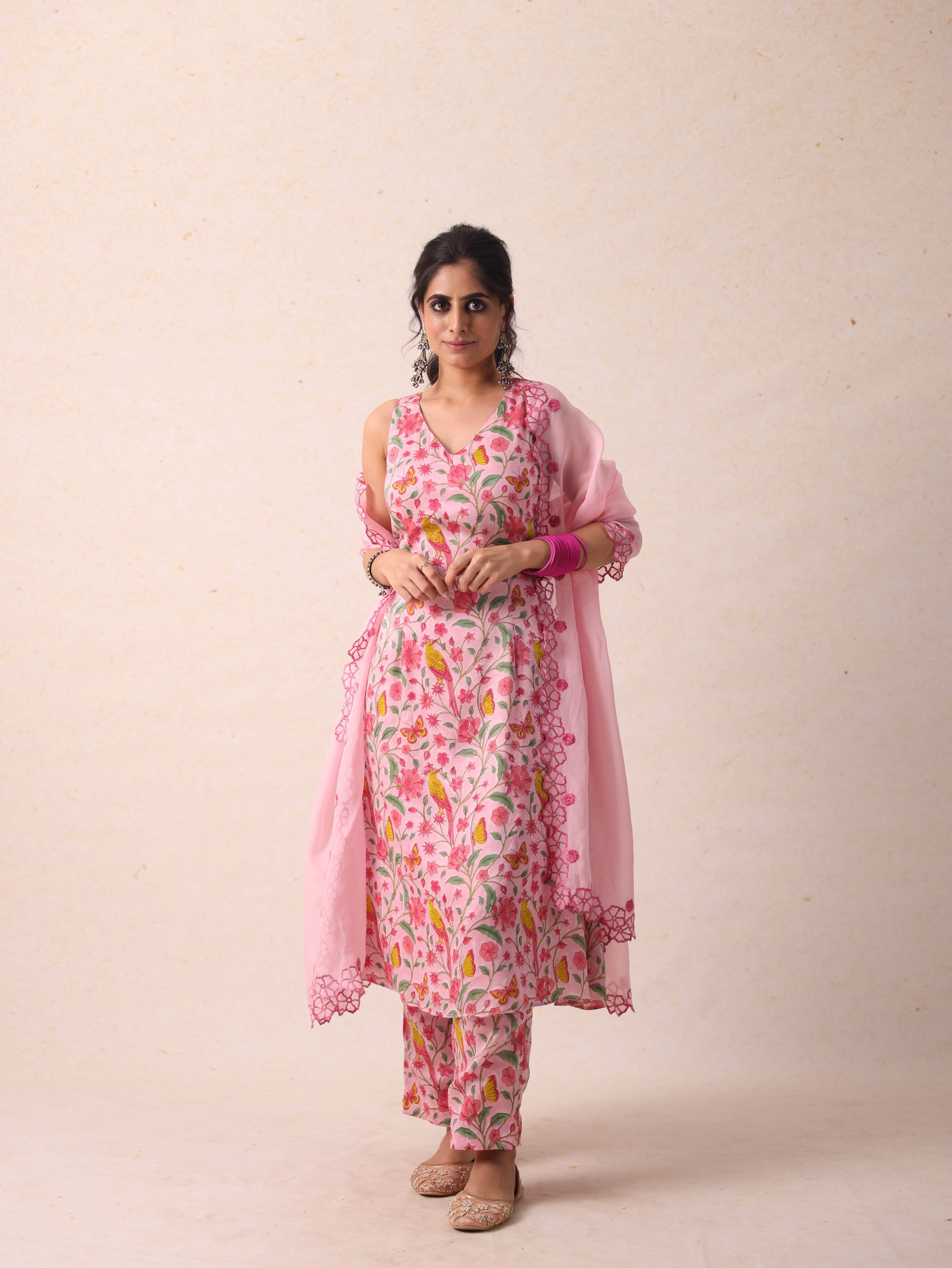 A model showcasing Shelly Pink Kurta Set Feature image by Gaamya from Gaamya's collection