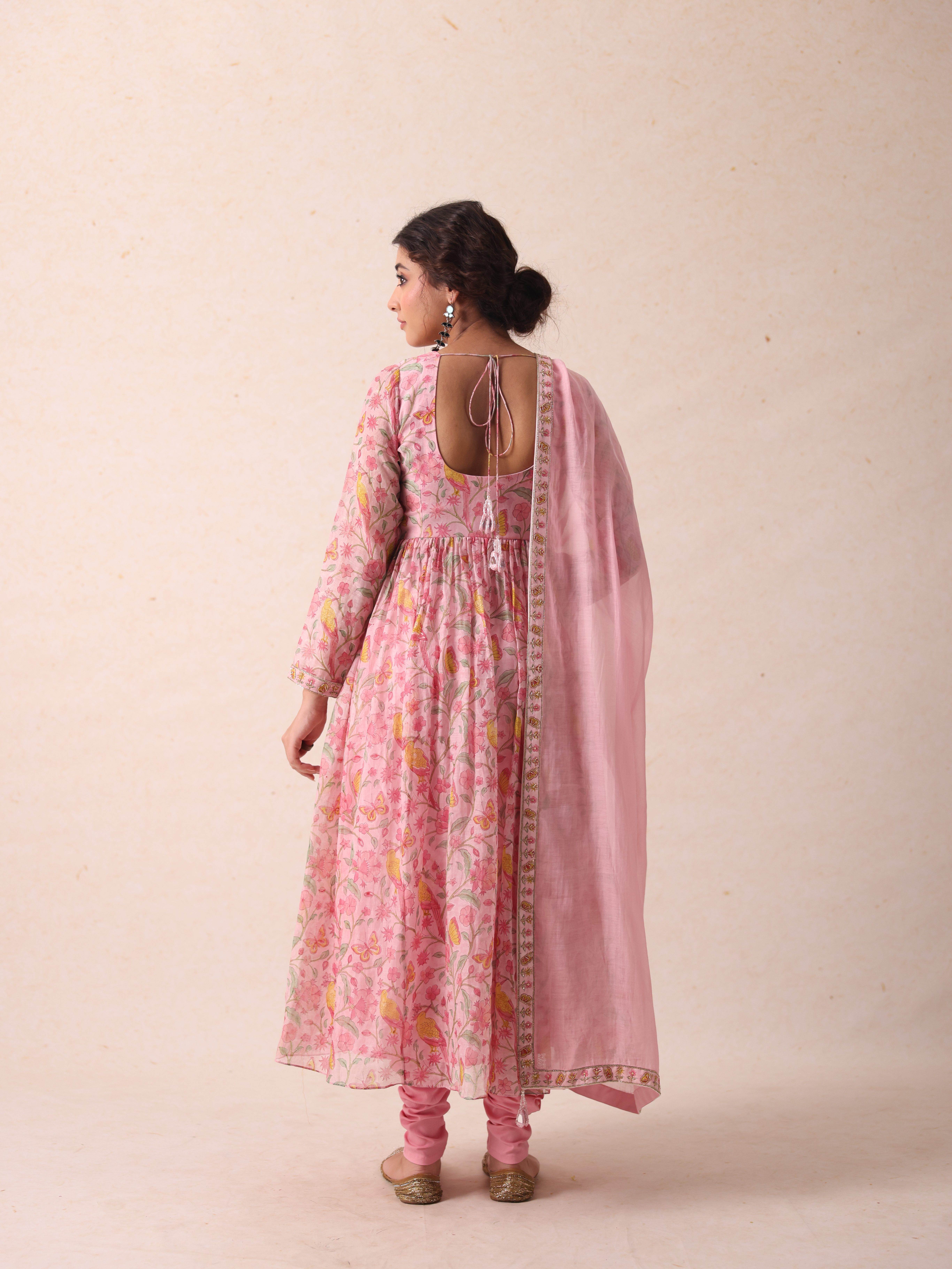 A model showcasing Saanvi Pink Anarkali by Gaamya from Gaamya's collection