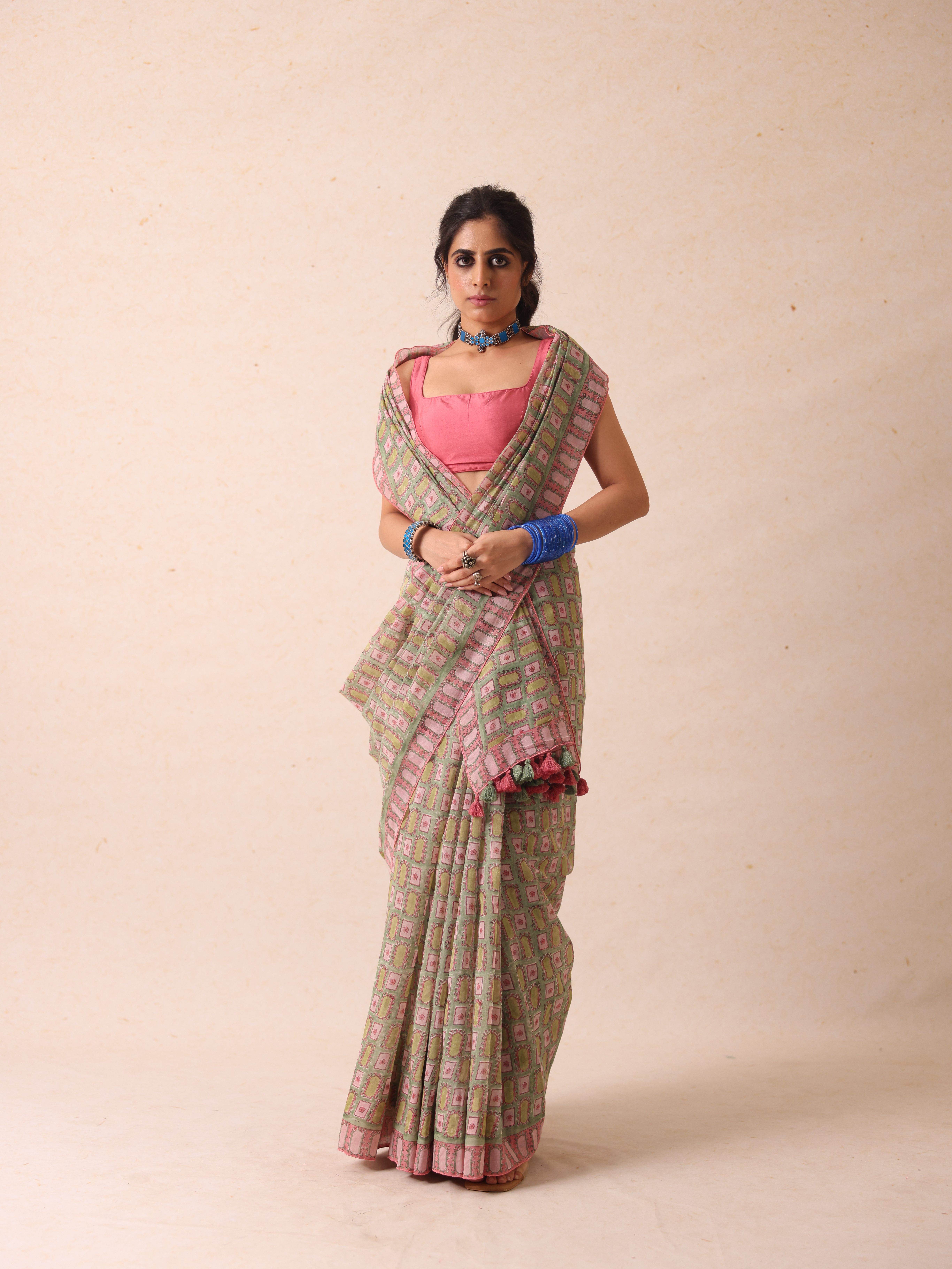A model showcasing Divya Pistachio Saree Feature image by Gaamya from Gaamya's collection