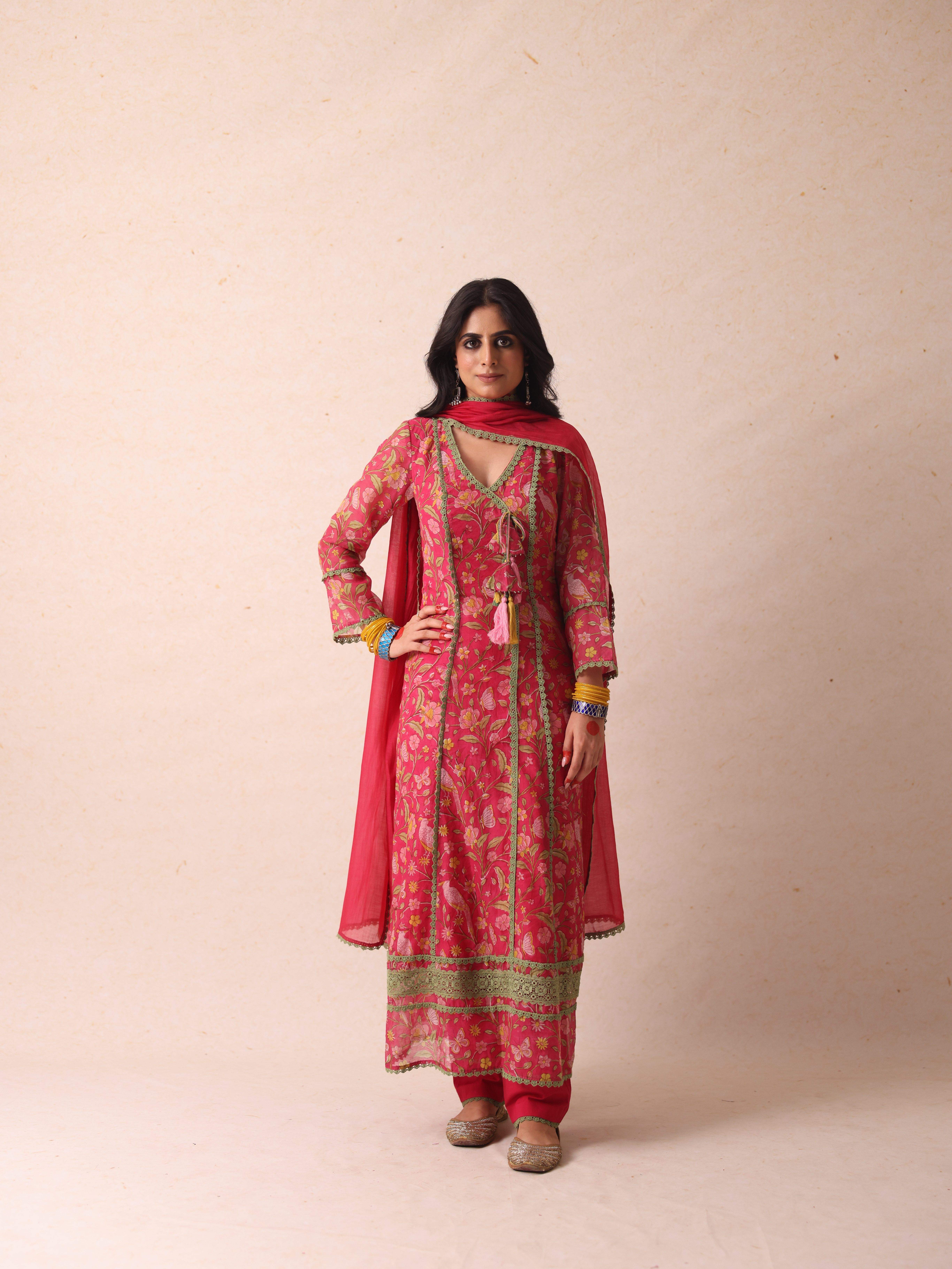 A model showcasing Jahanvi Pink Angrakha by Gaamya from Gaamya's collection