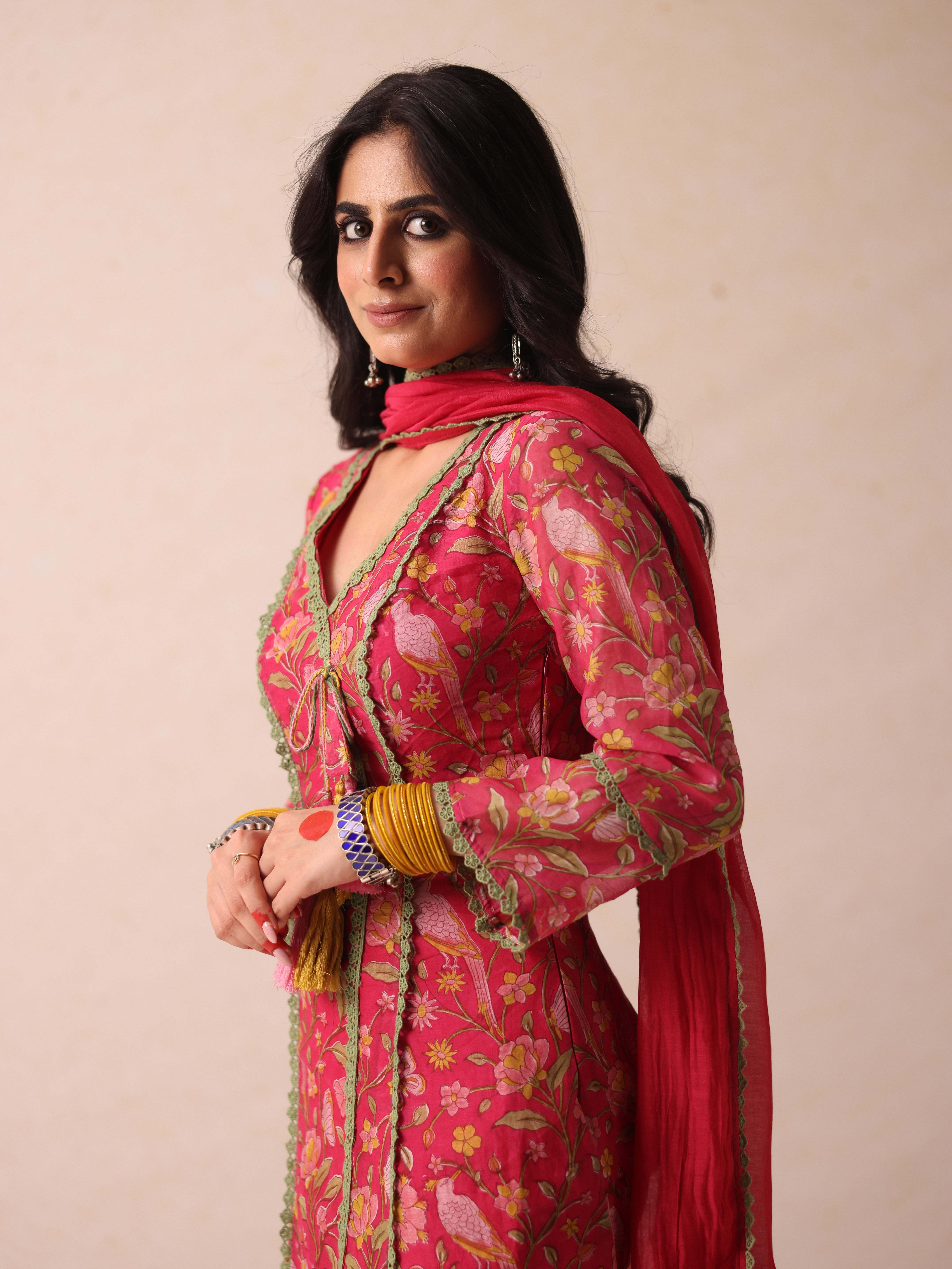 A model showcasing Jahanvi Pink Angrakha by Gaamya from Gaamya's collection