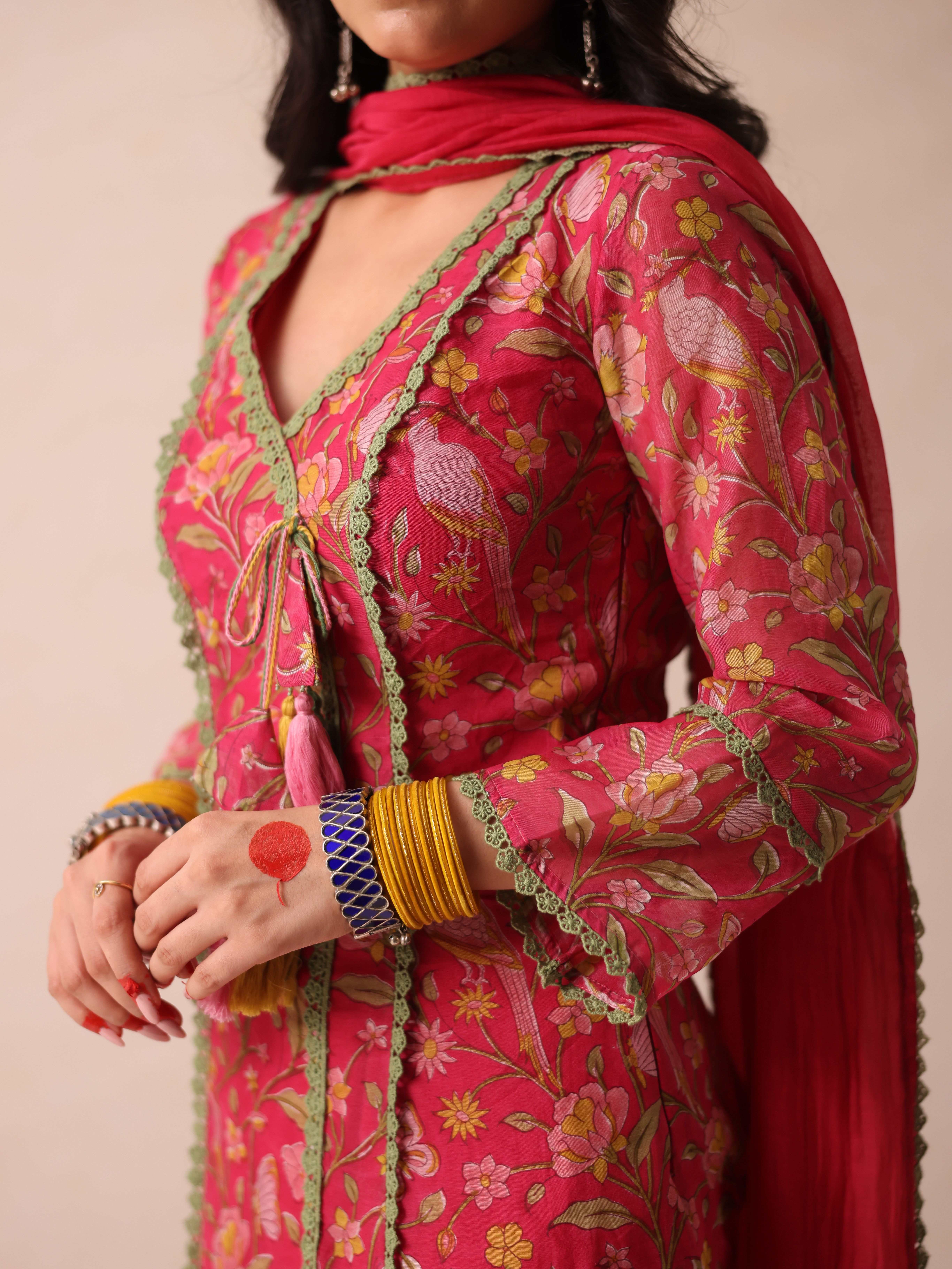 A model showcasing Jahanvi Pink Angrakha by Gaamya from Gaamya's collection