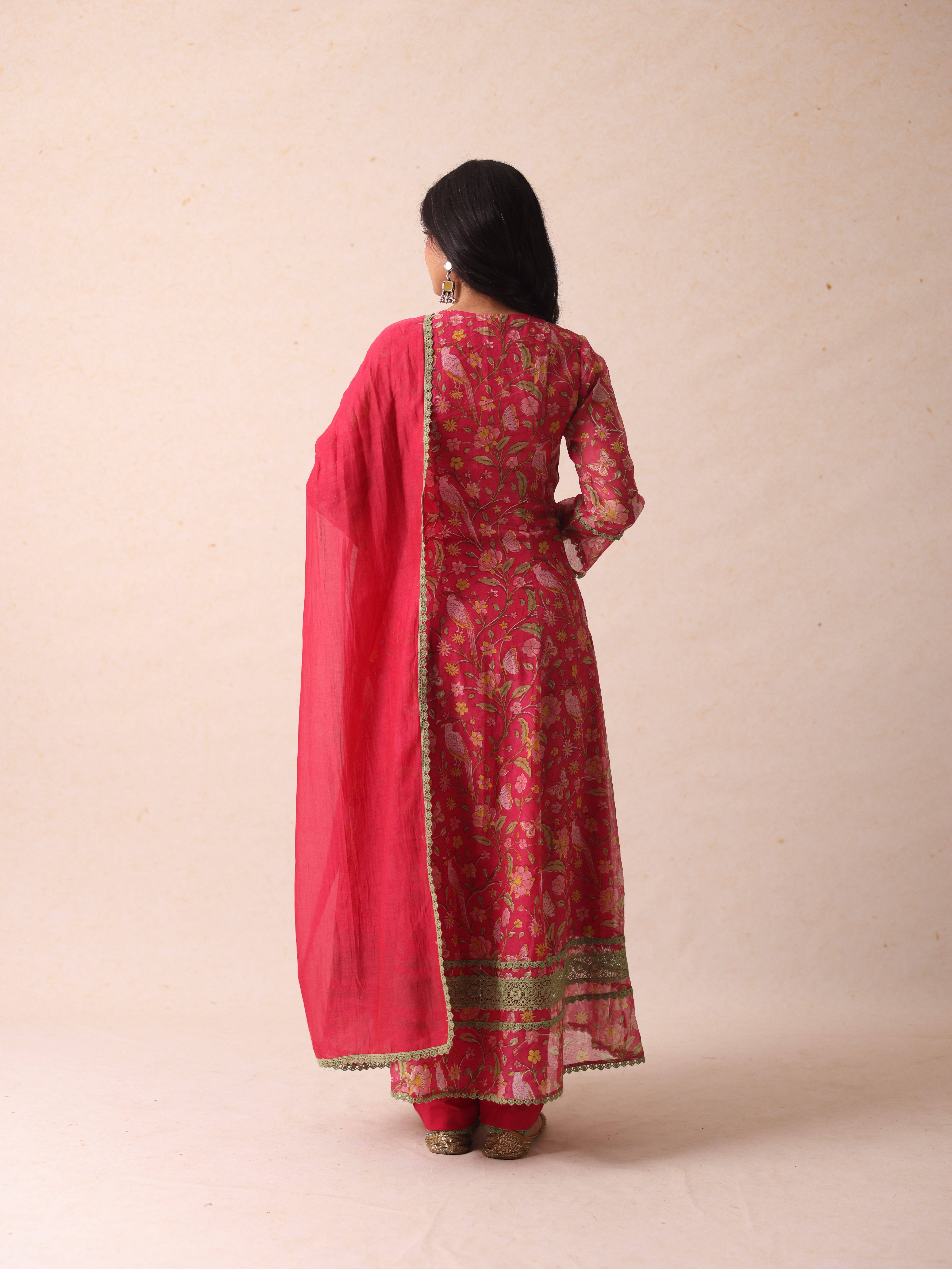 A model showcasing Jahanvi Pink Angrakha by Gaamya from Gaamya's collection