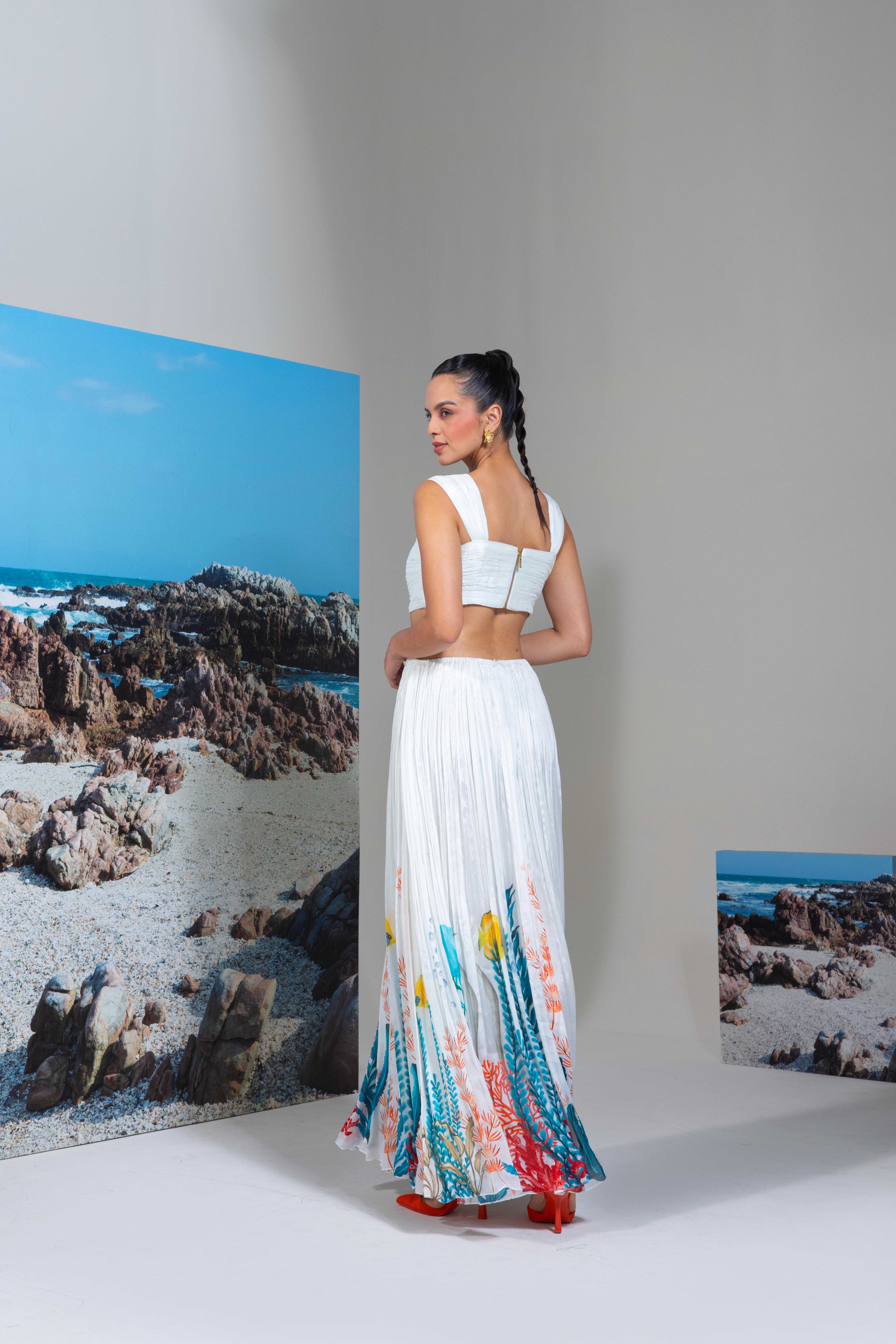 A model showcasing White Chiffon Flared Dress by Nautanky from Nautanky's collection