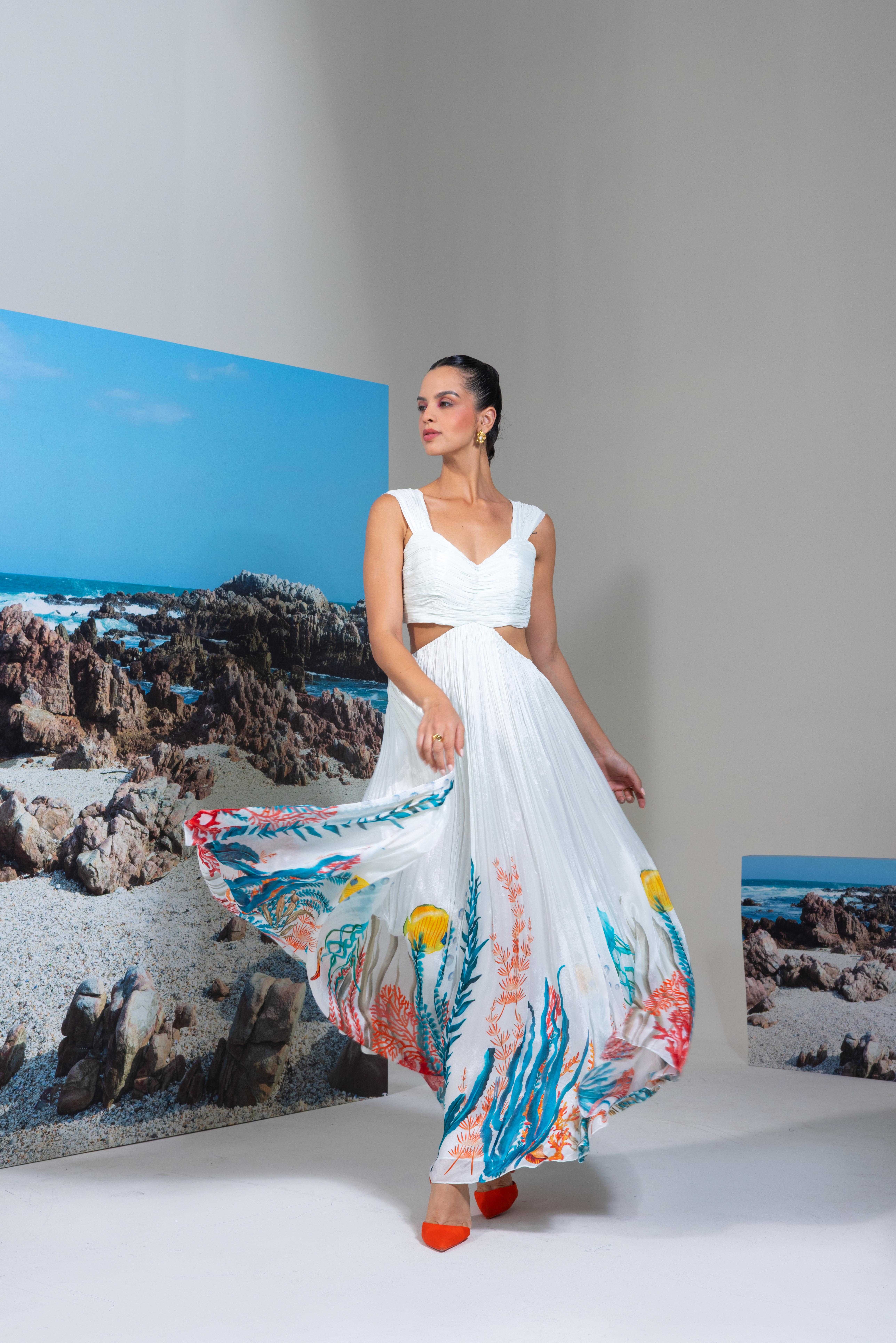 A model showcasing White Chiffon Flared Dress by Nautanky from Nautanky's collection