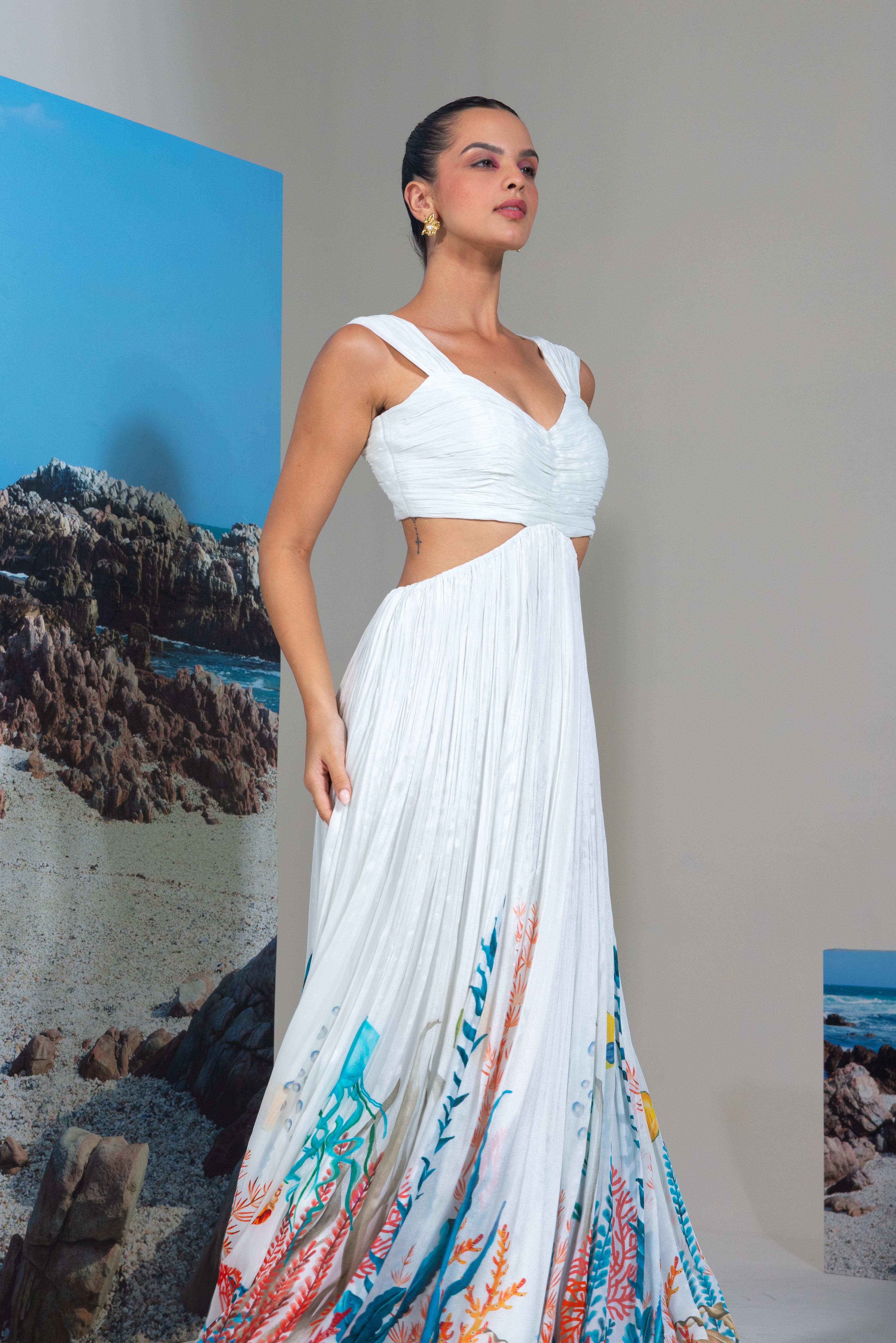 A model showcasing White Chiffon Flared Dress by Nautanky from Nautanky's collection