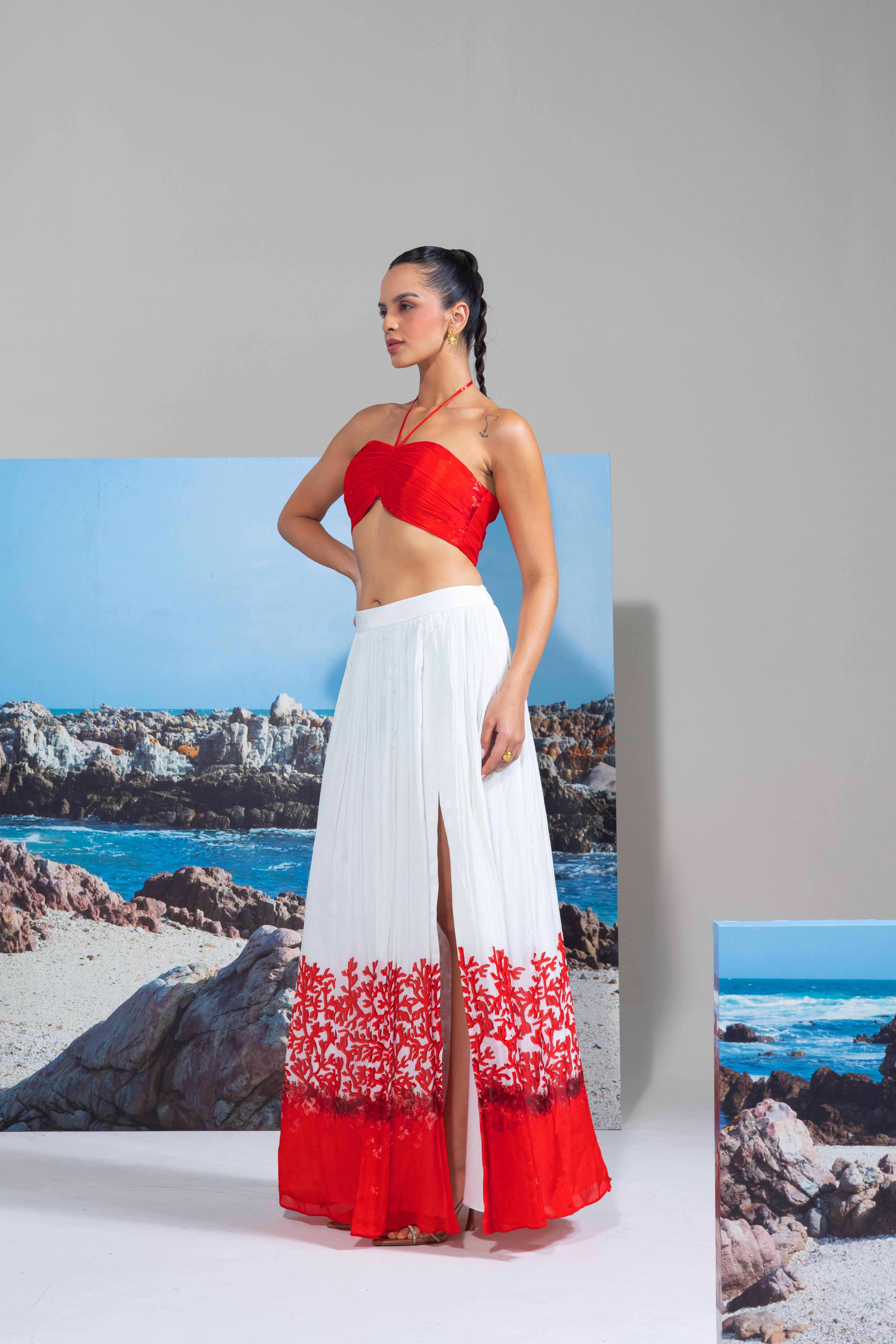 A model showcasing White Chiffon Bustier Skirt by Nautanky from Nautanky's collection