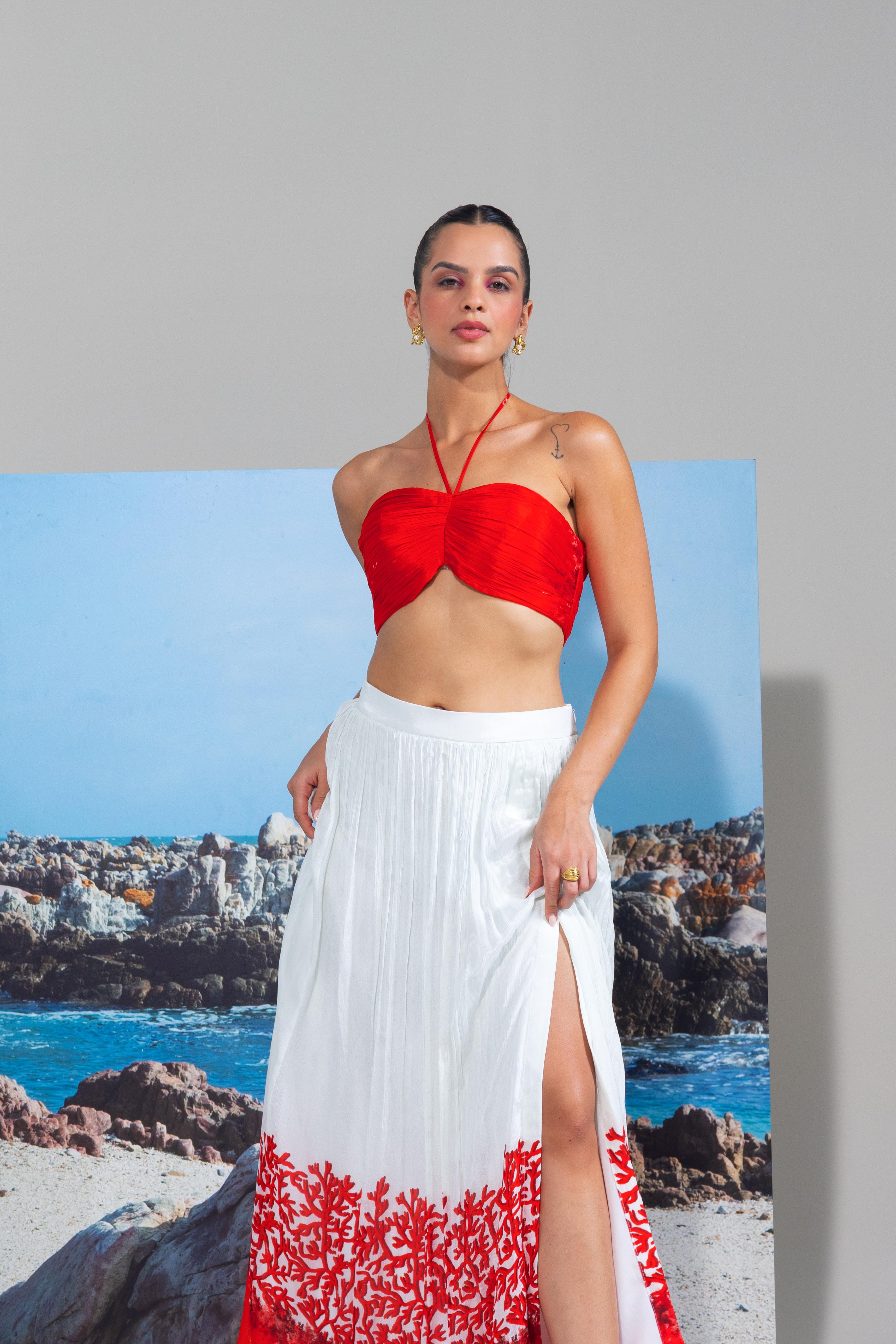 A model showcasing White Chiffon Bustier Skirt by Nautanky from Nautanky's collection