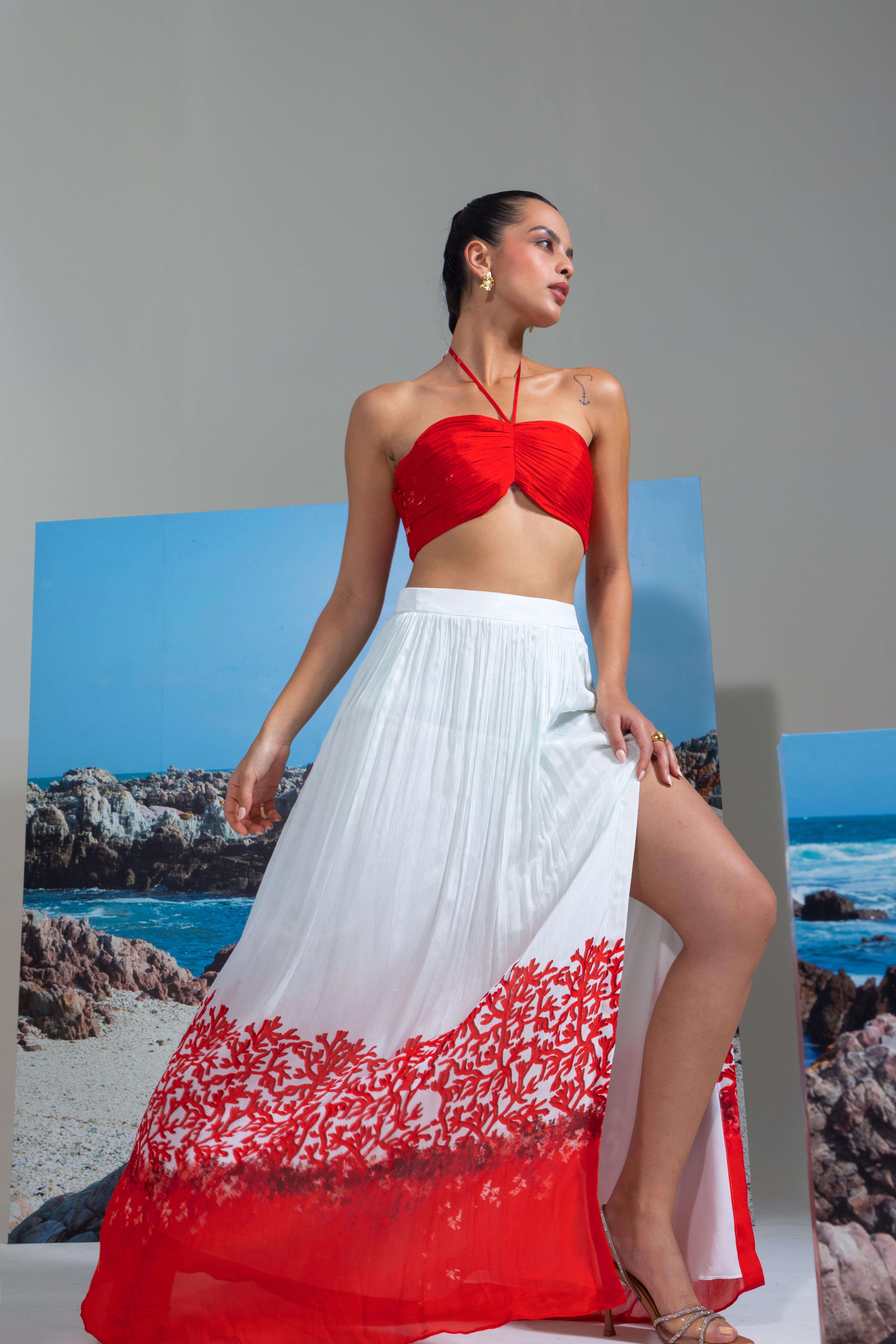 A model showcasing White Chiffon Bustier Skirt by Nautanky from Nautanky's collection