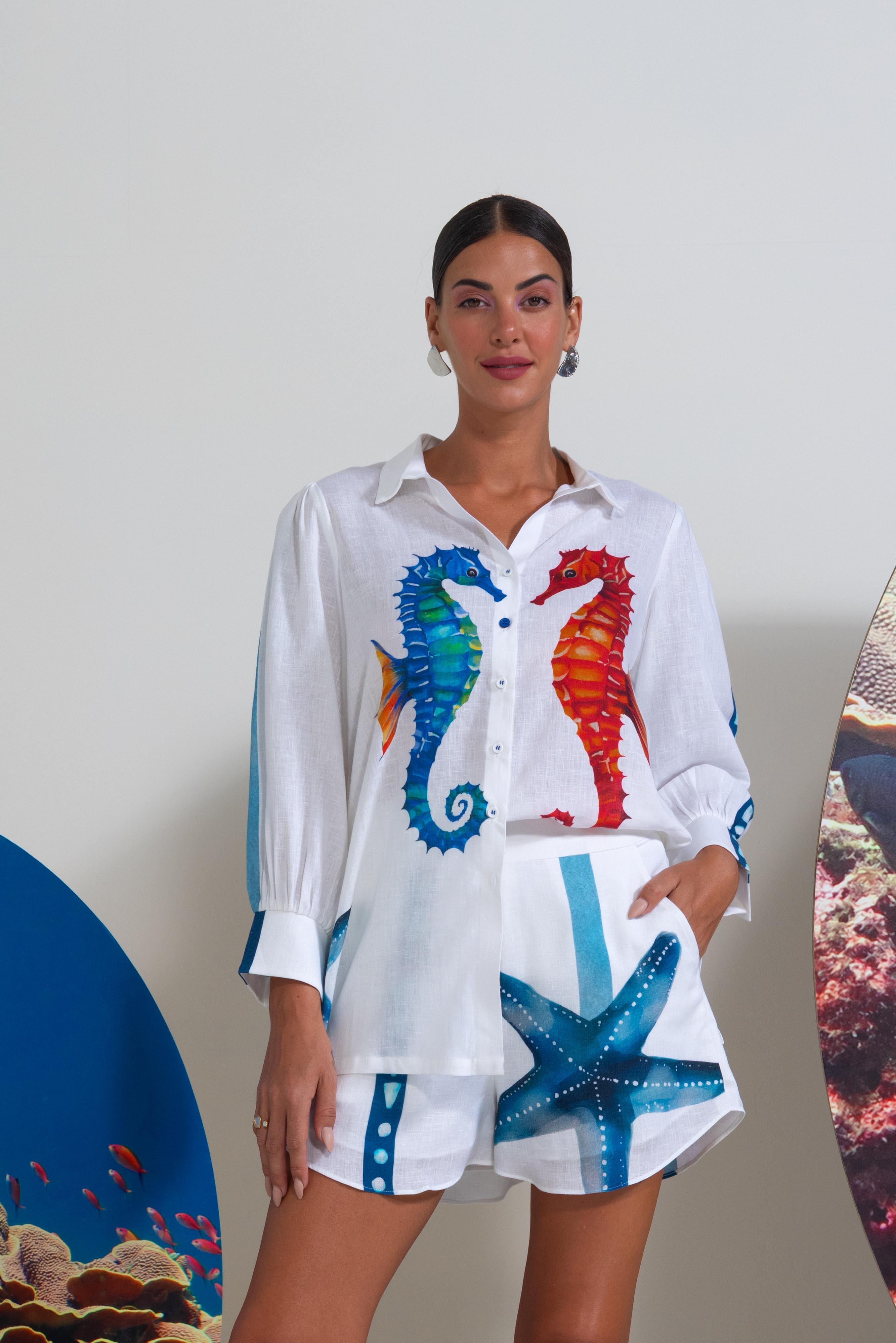 A model showcasing White Breezy Print Shirt And Shorts by Nautanky from Nautanky's collection