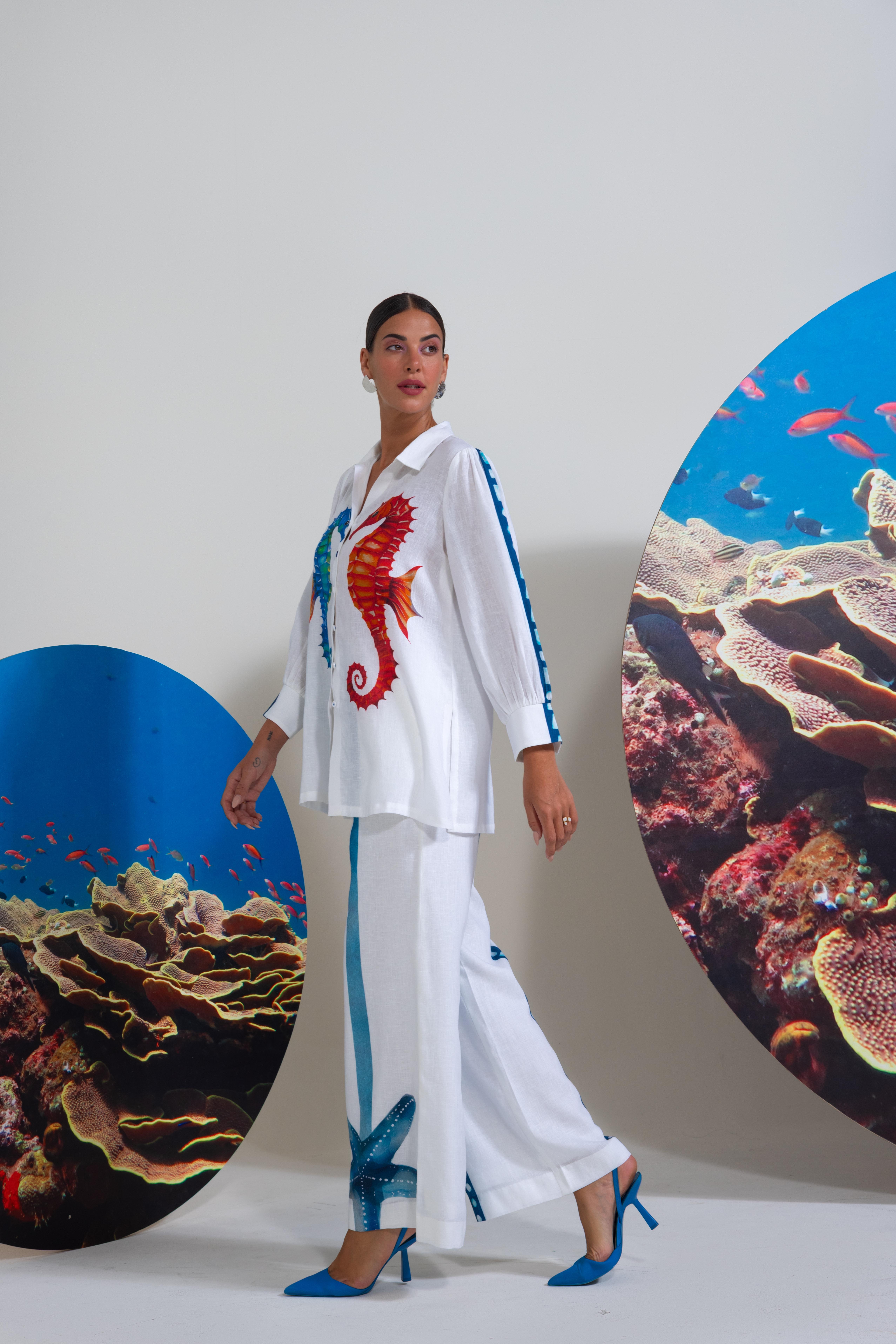 A model showcasing White Cotton Linen Coord Set by Nautanky from Nautanky's collection