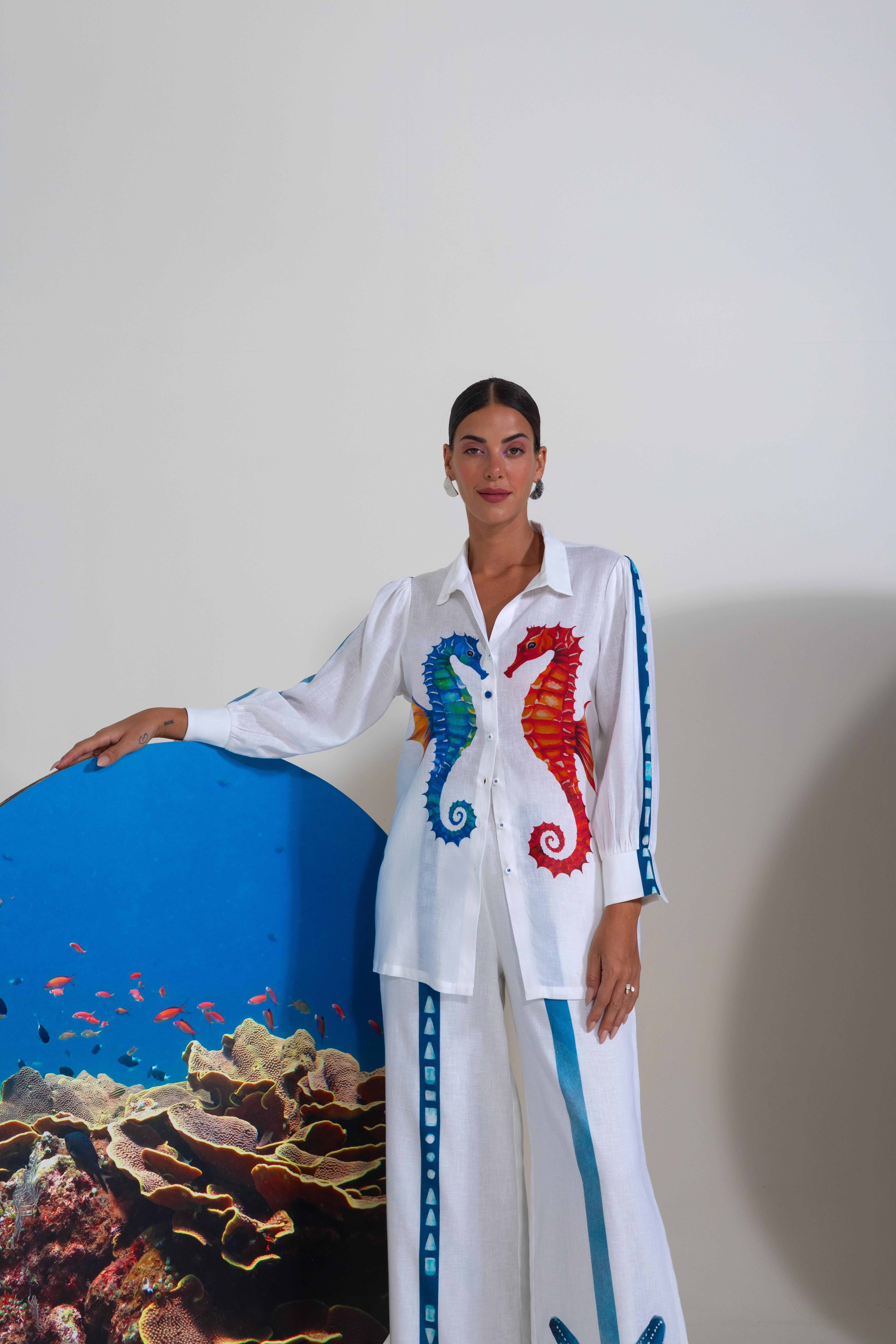 A model showcasing White Cotton Linen Coord Set by Nautanky from Nautanky's collection