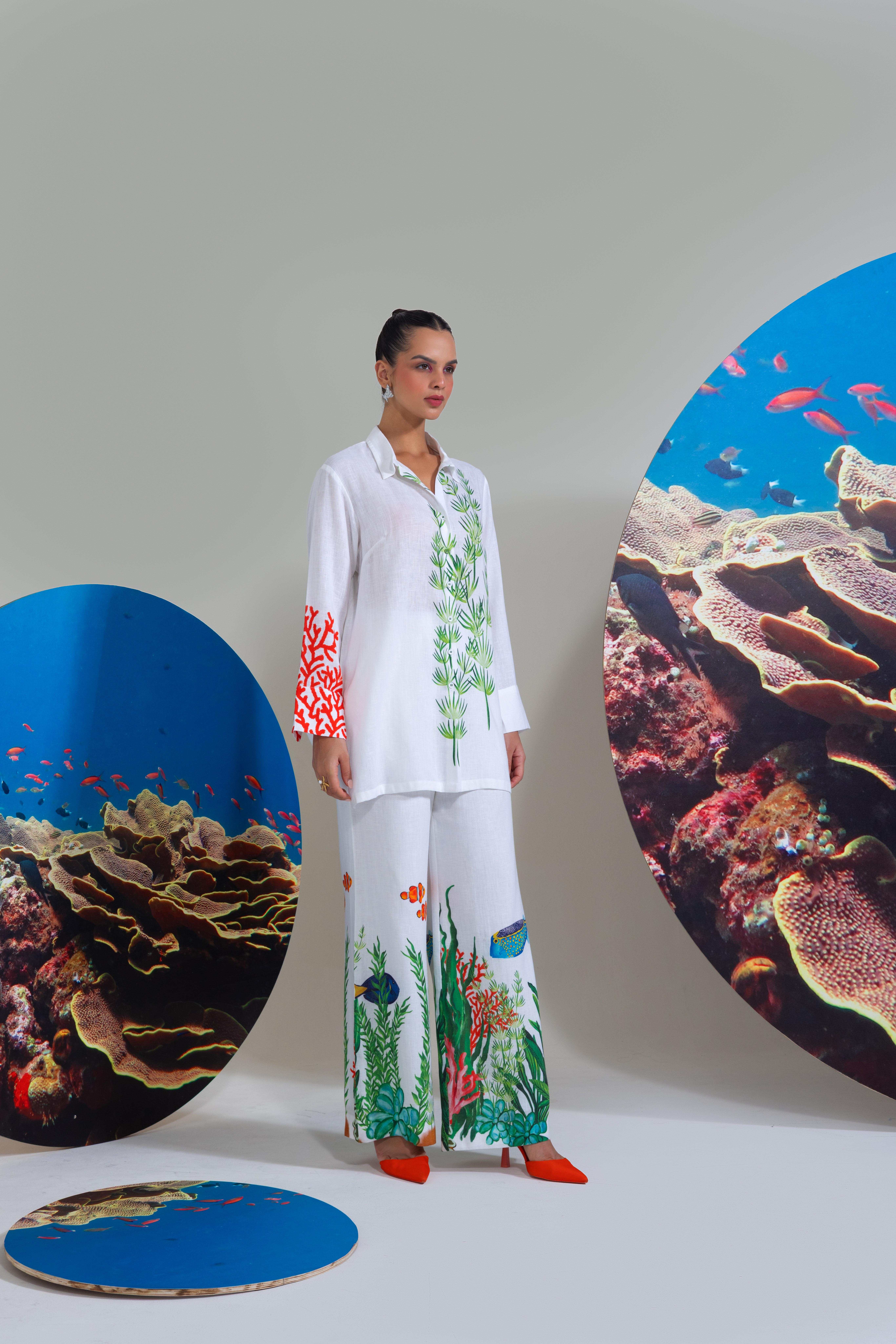 A model showcasing White Green Printed Coord Set by Nautanky from Nautanky's collection