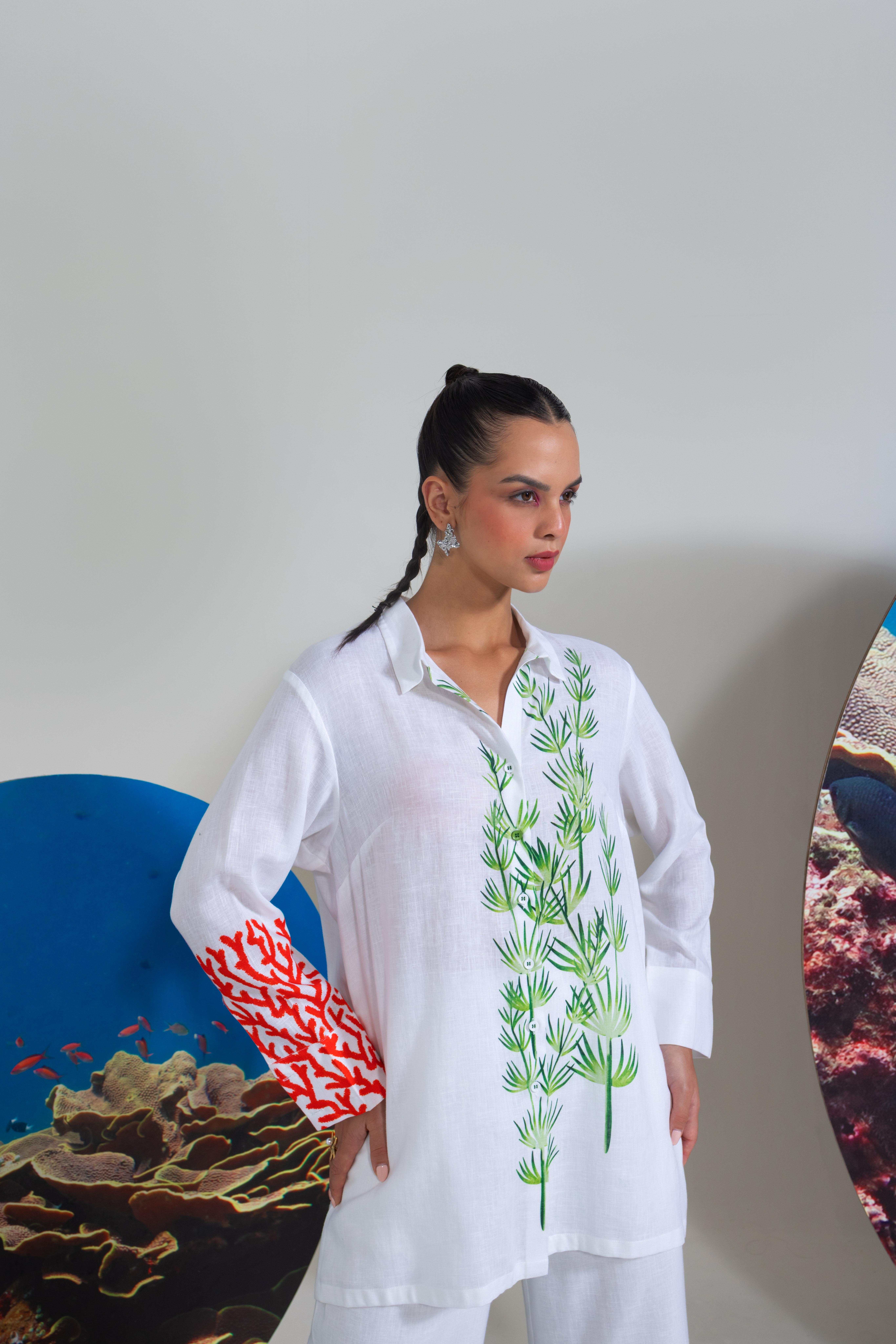 A model showcasing White Green Printed Coord Set by Nautanky from Nautanky's collection