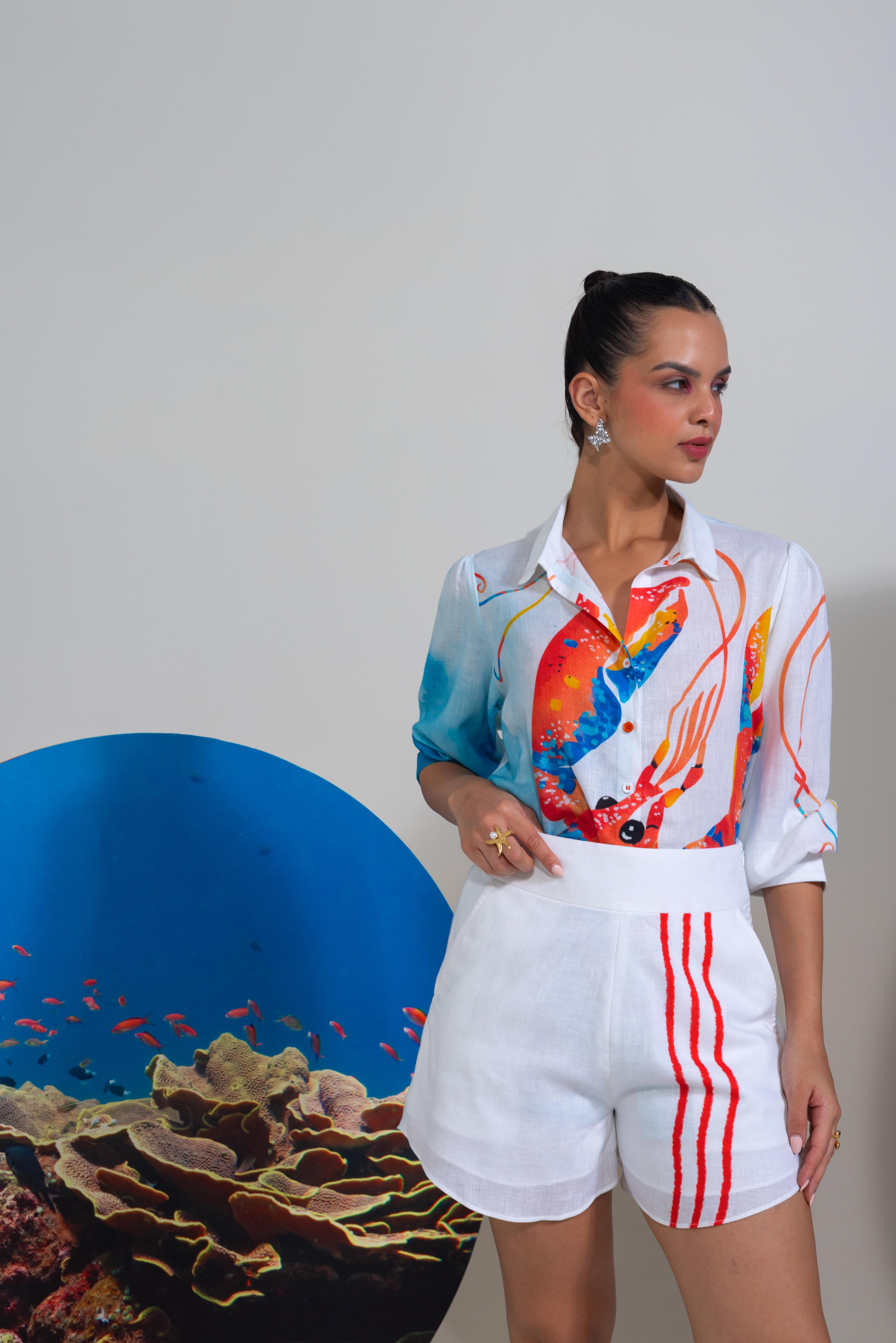 A model showcasing White Cotton Linen Shirt And Shorts by Nautanky from Nautanky's collection