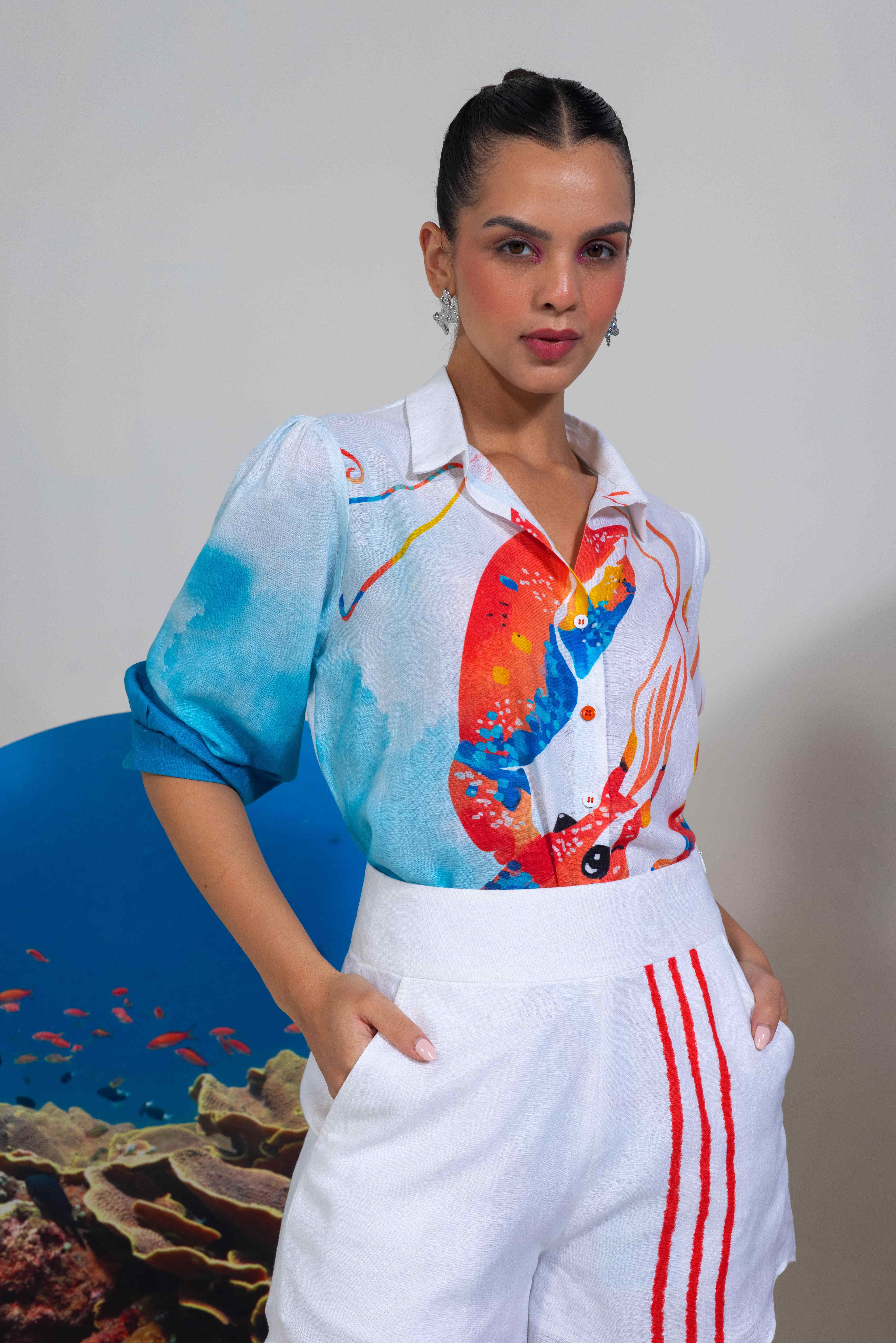 A model showcasing White Cotton Linen Shirt And Shorts by Nautanky from Nautanky's collection