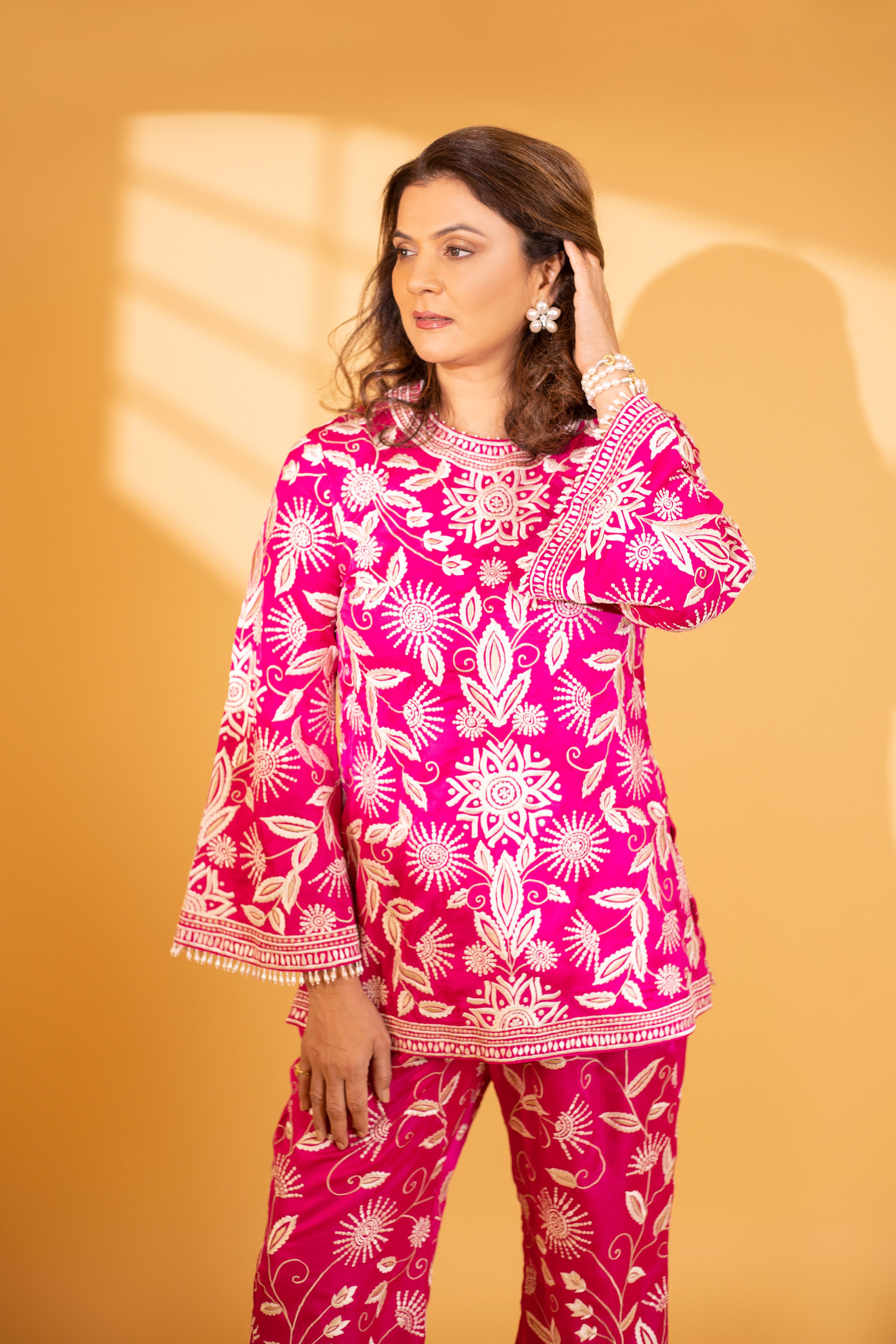 A model showcasing Harmony Pink Pure Silk Coord Set by Ashtar from Ashtar's collection