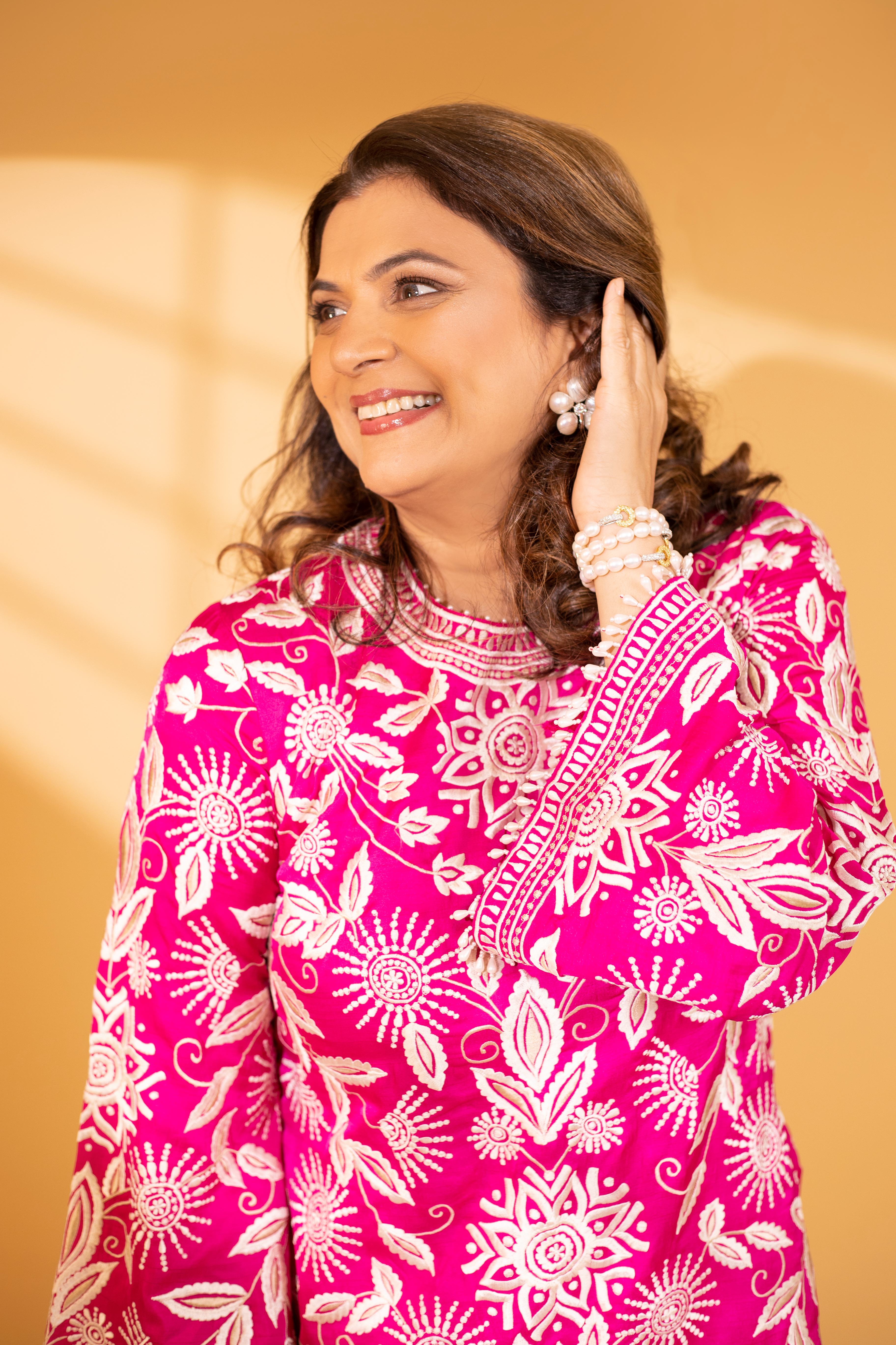 A model showcasing Harmony Pink Pure Silk Coord Set by Ashtar from Ashtar's collection