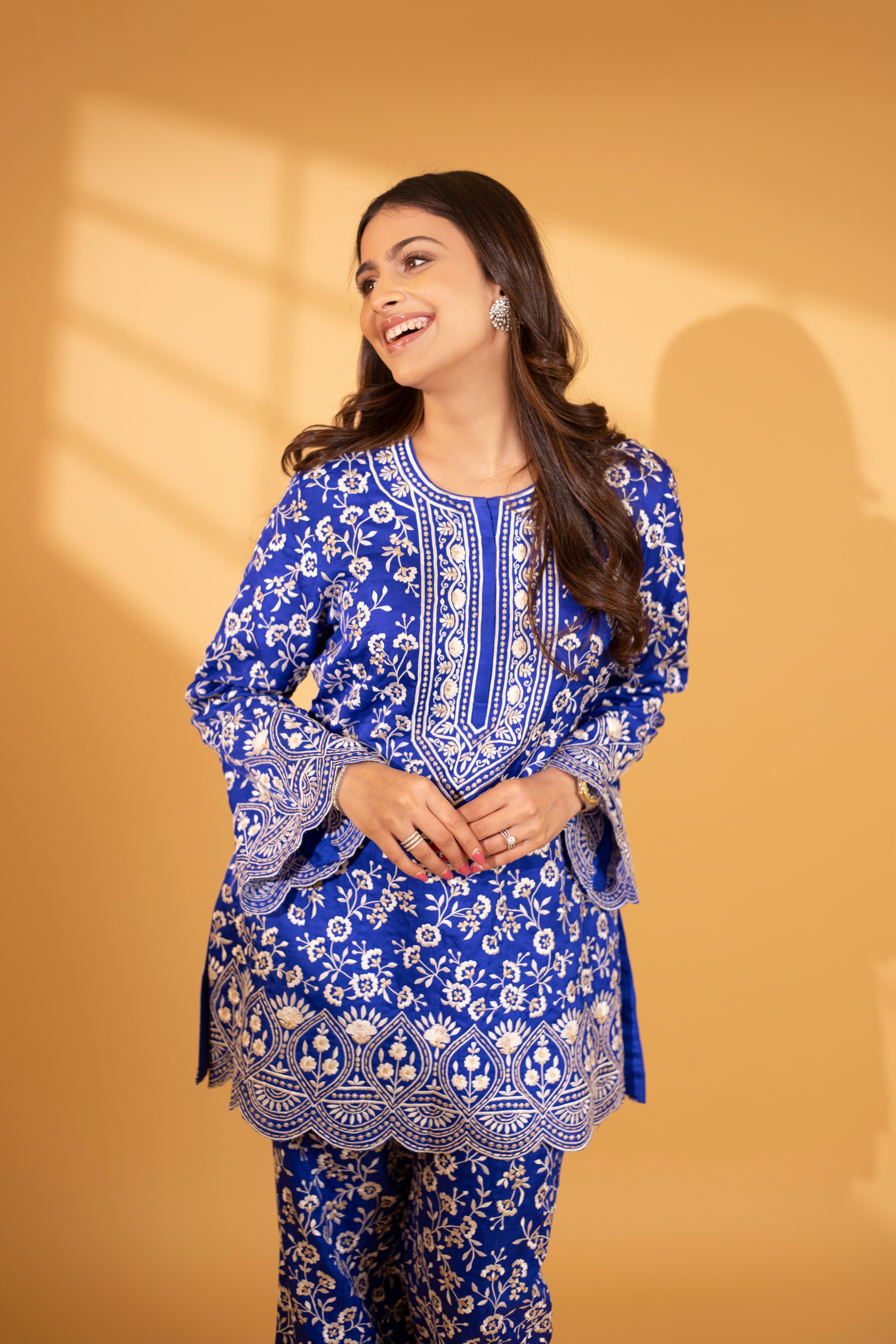 A model showcasing Aurora Majestic Blue Silk Coord Set by Ashtar from Ashtar's collection