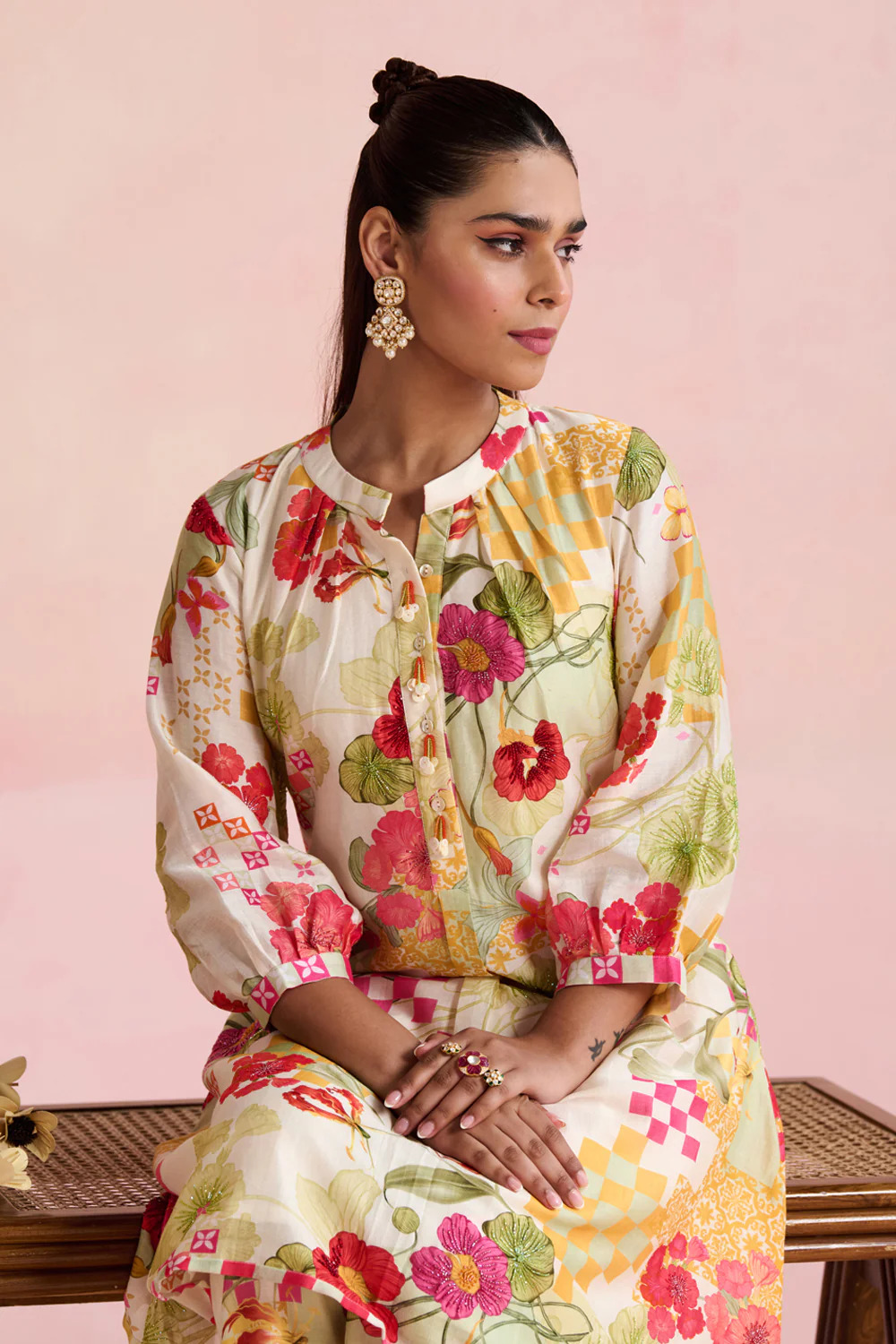 A model showcasing Viti Multi Kurta Suit by Nirvair from Nirvair's collection
