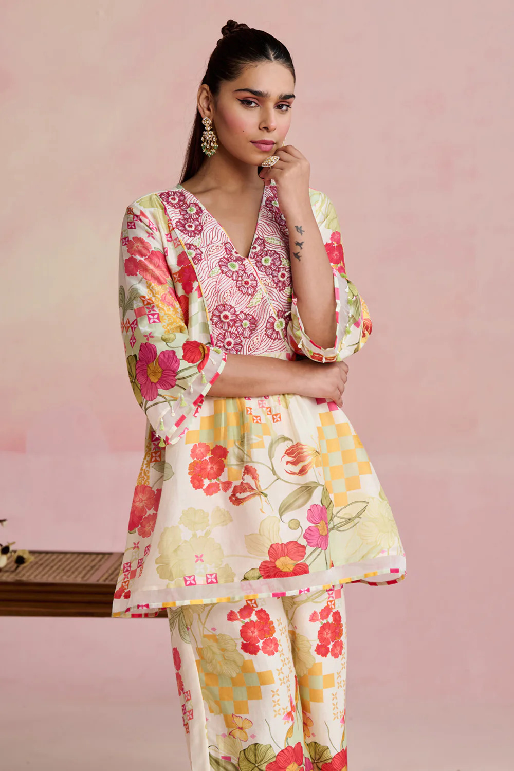 A model showcasing Pihu Short Kurta Set by Nirvair from Nirvair's collection