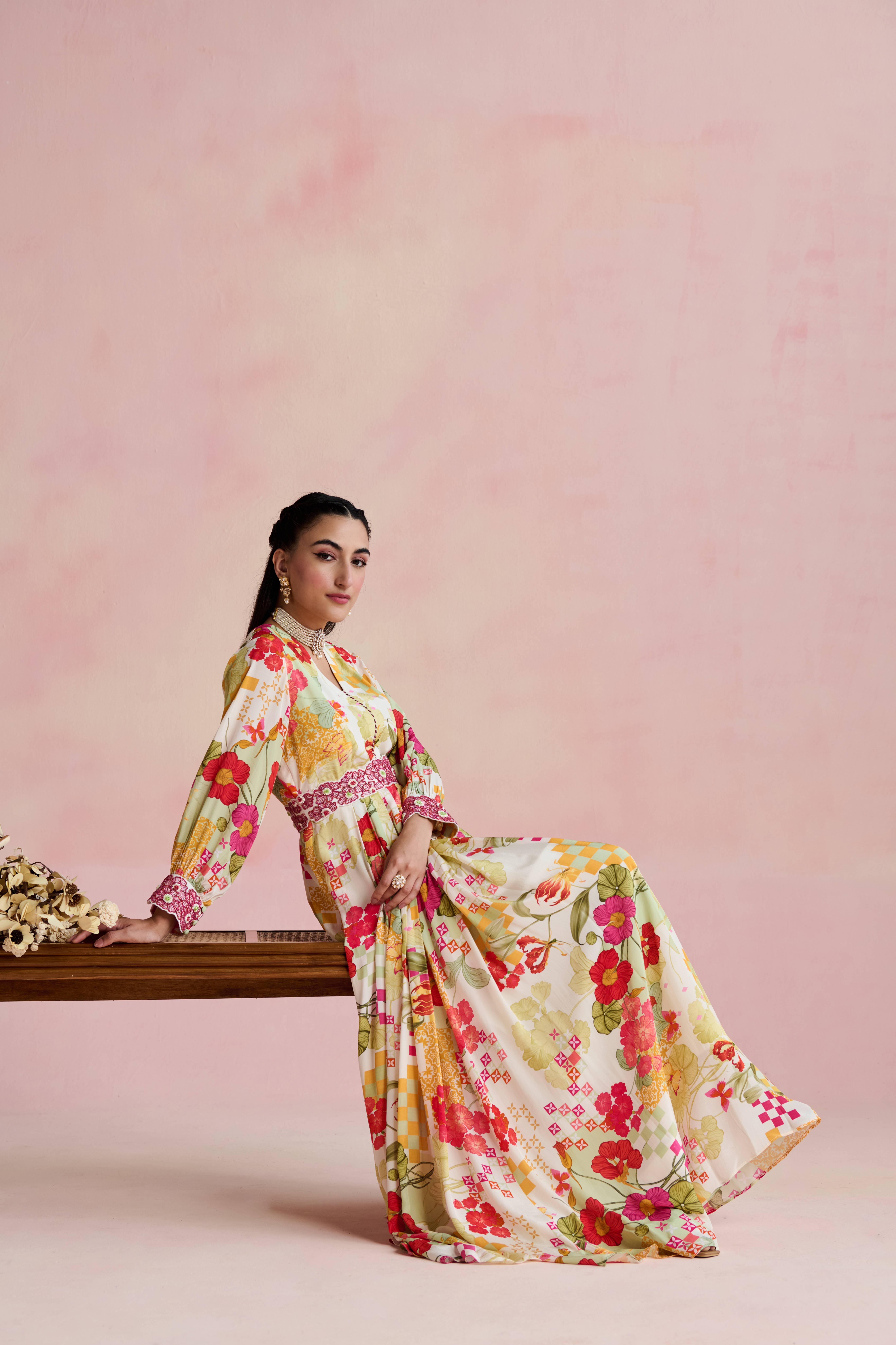 A model showcasing Veena Multi Maxi Dress by Nirvair from Nirvair's collection