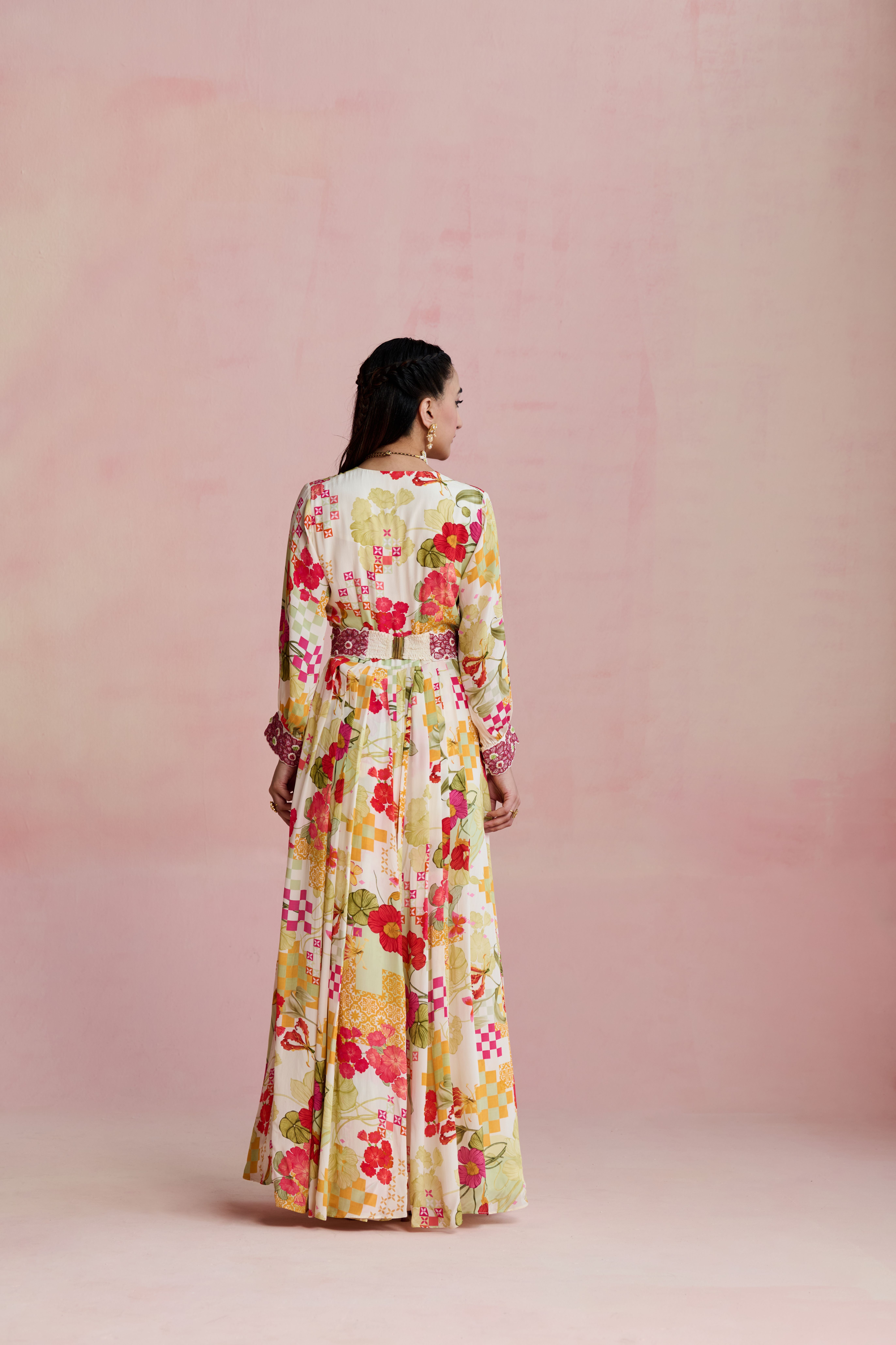 A model showcasing Veena Multi Maxi Dress by Nirvair from Nirvair's collection