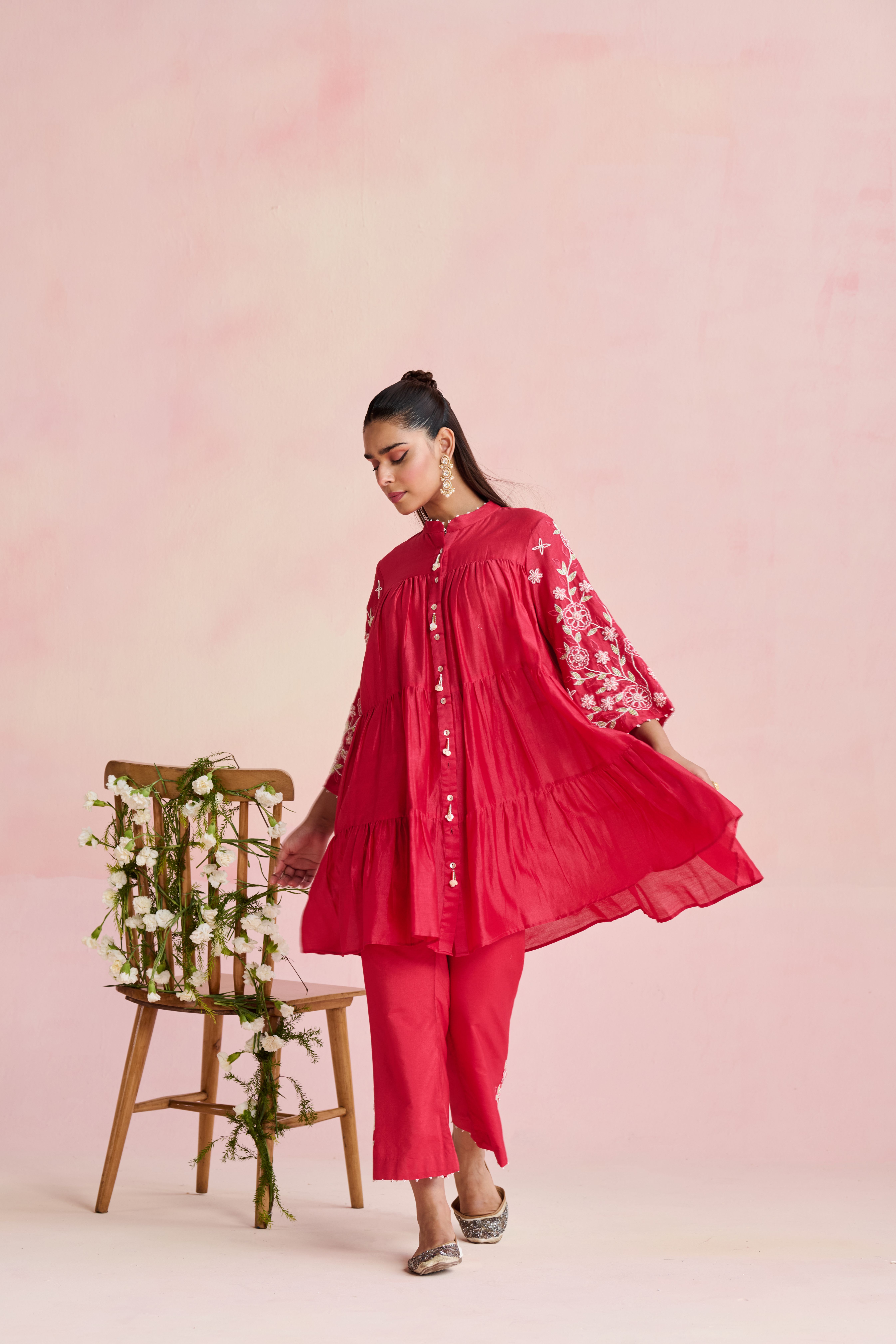 A model showcasing Niti Bright Pink Kurta Set by Nirvair from Nirvair's collection