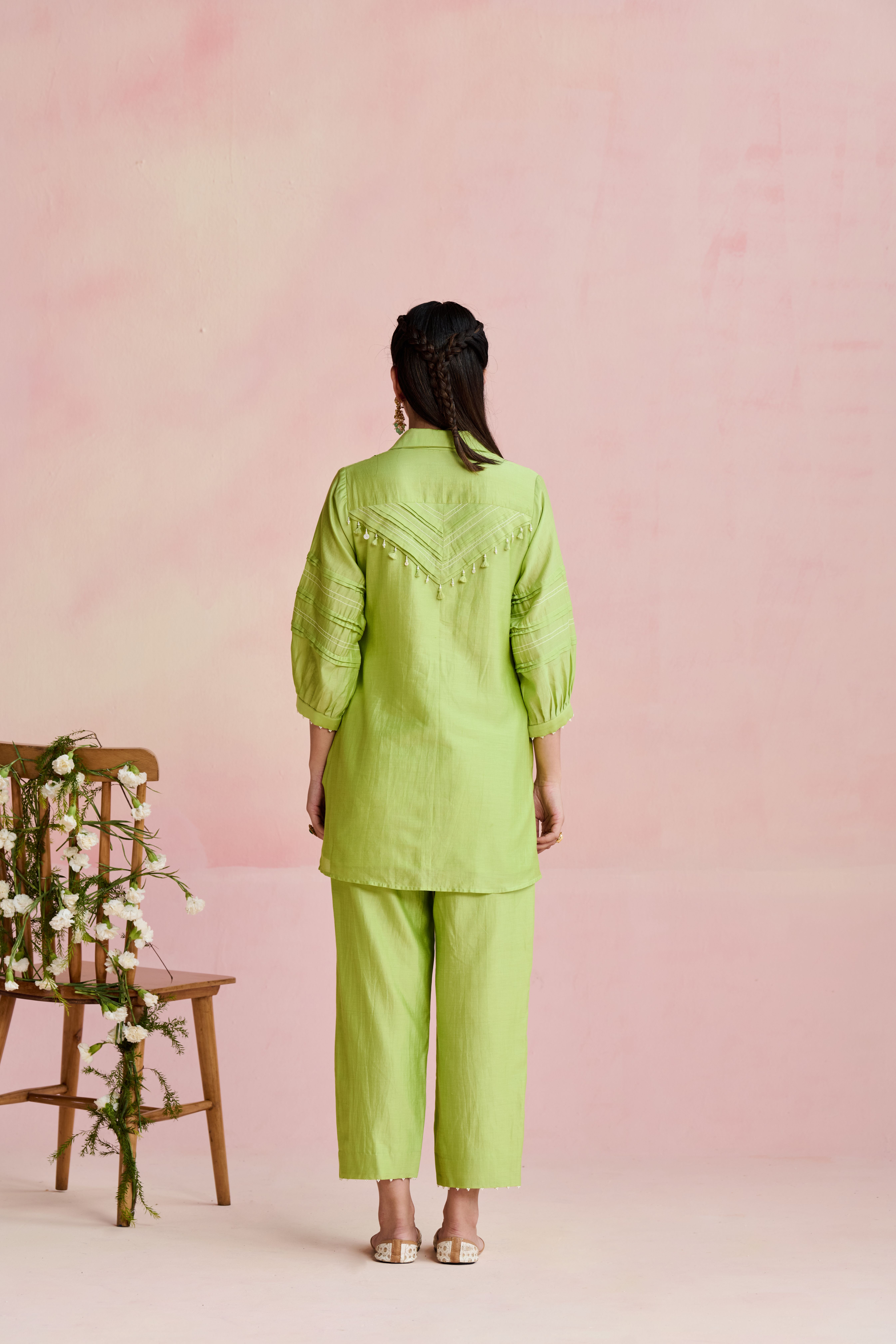 A model showcasing Arvi Light Green Coord Set by Nirvair from Nirvair's collection
