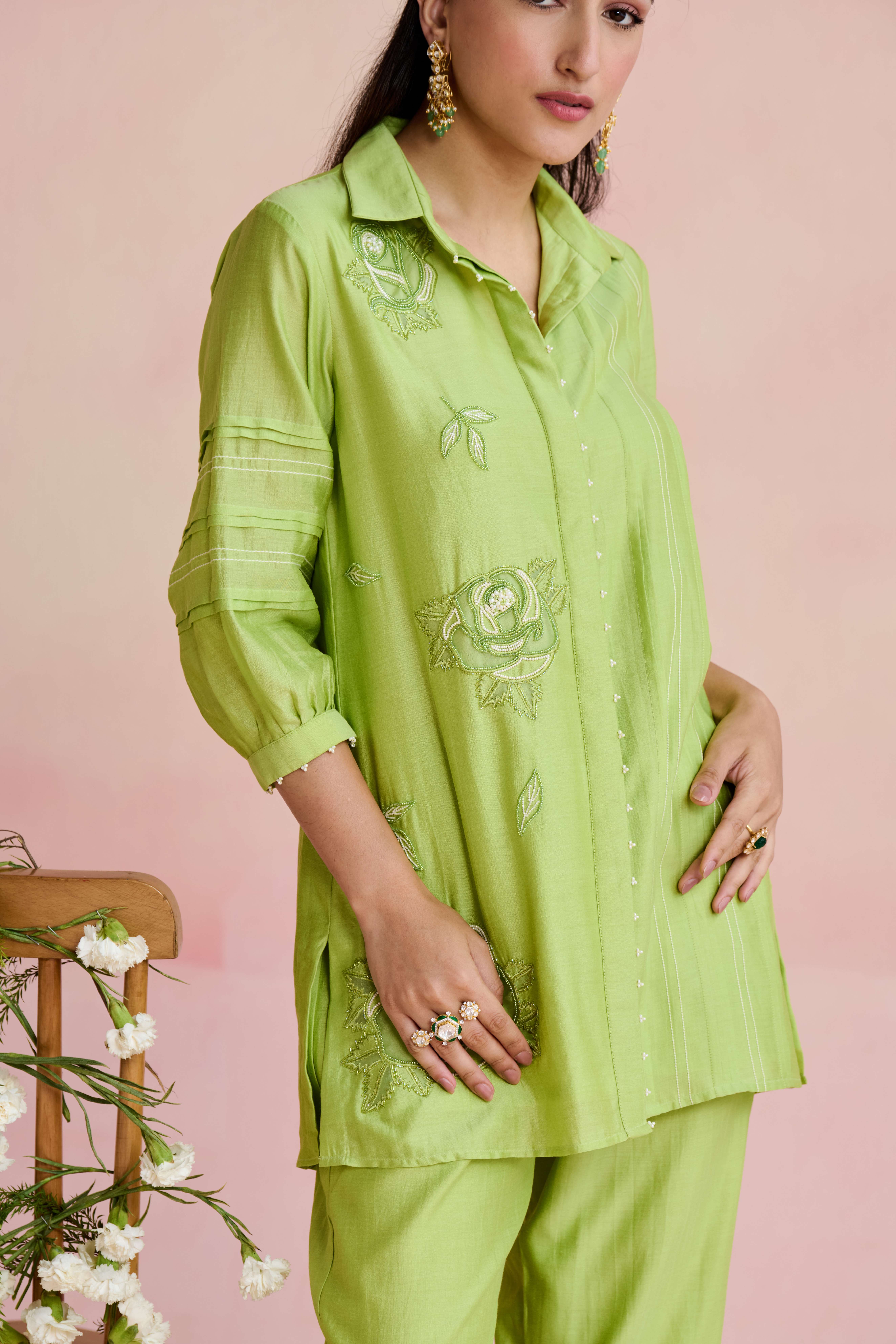 A model showcasing Arvi Light Green Coord Set by Nirvair from Nirvair's collection