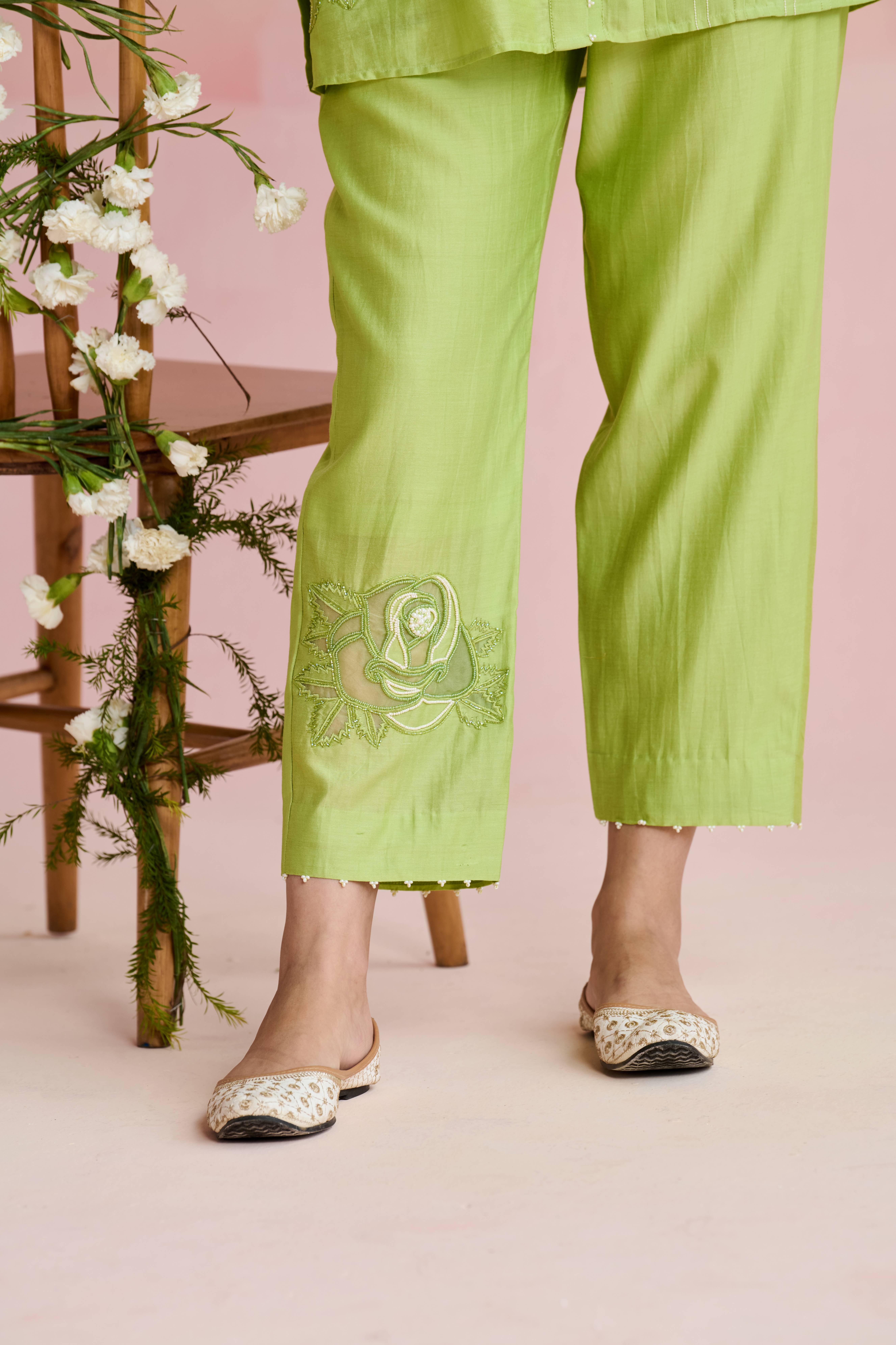 A model showcasing Arvi Light Green Coord Set by Nirvair from Nirvair's collection