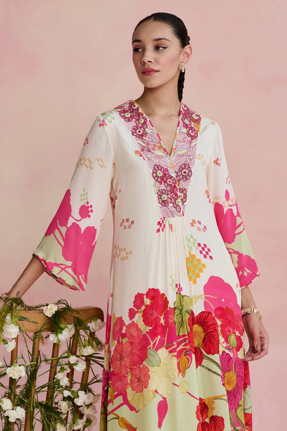 A model showcasing Ayla Multi Kurta And Pants by Nirvair from Nirvair's collection