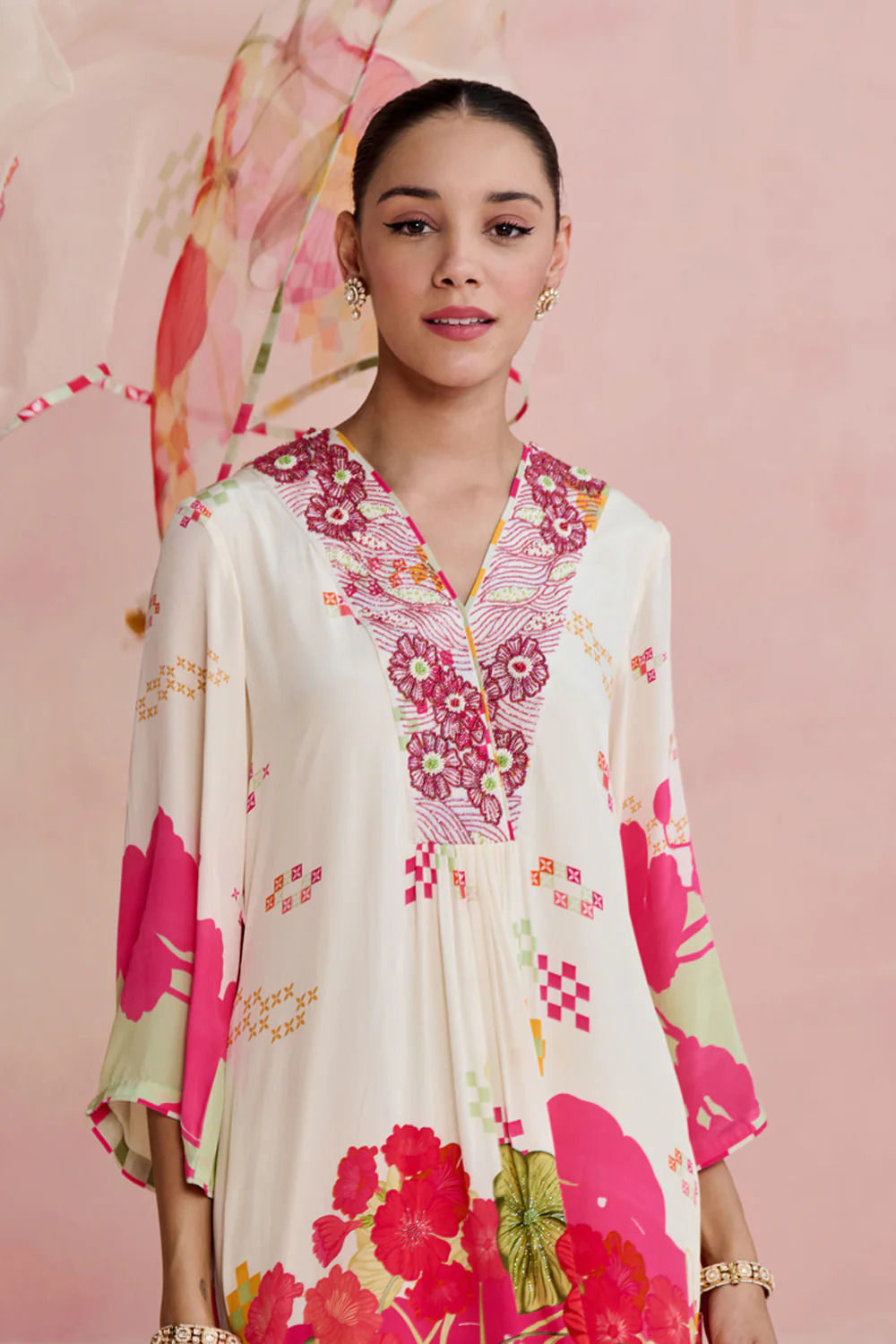 A model showcasing Ayla Multi Kurta And Pants by Nirvair from Nirvair's collection