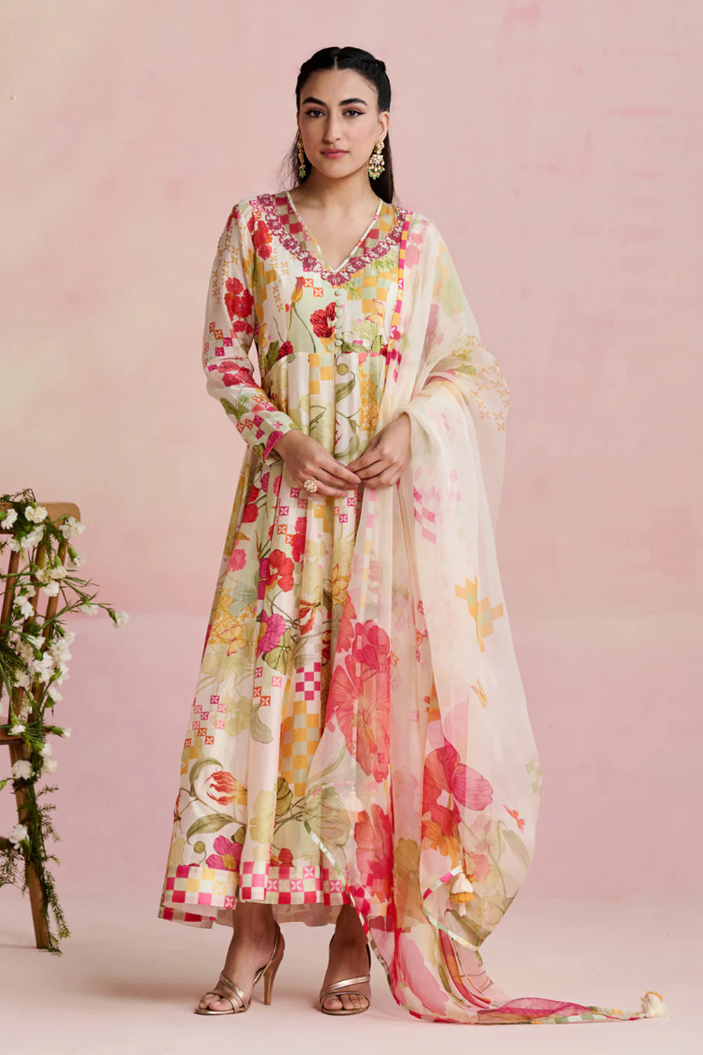 A model showcasing Zoha Silk Anarkali Suit by Nirvair from Nirvair's collection