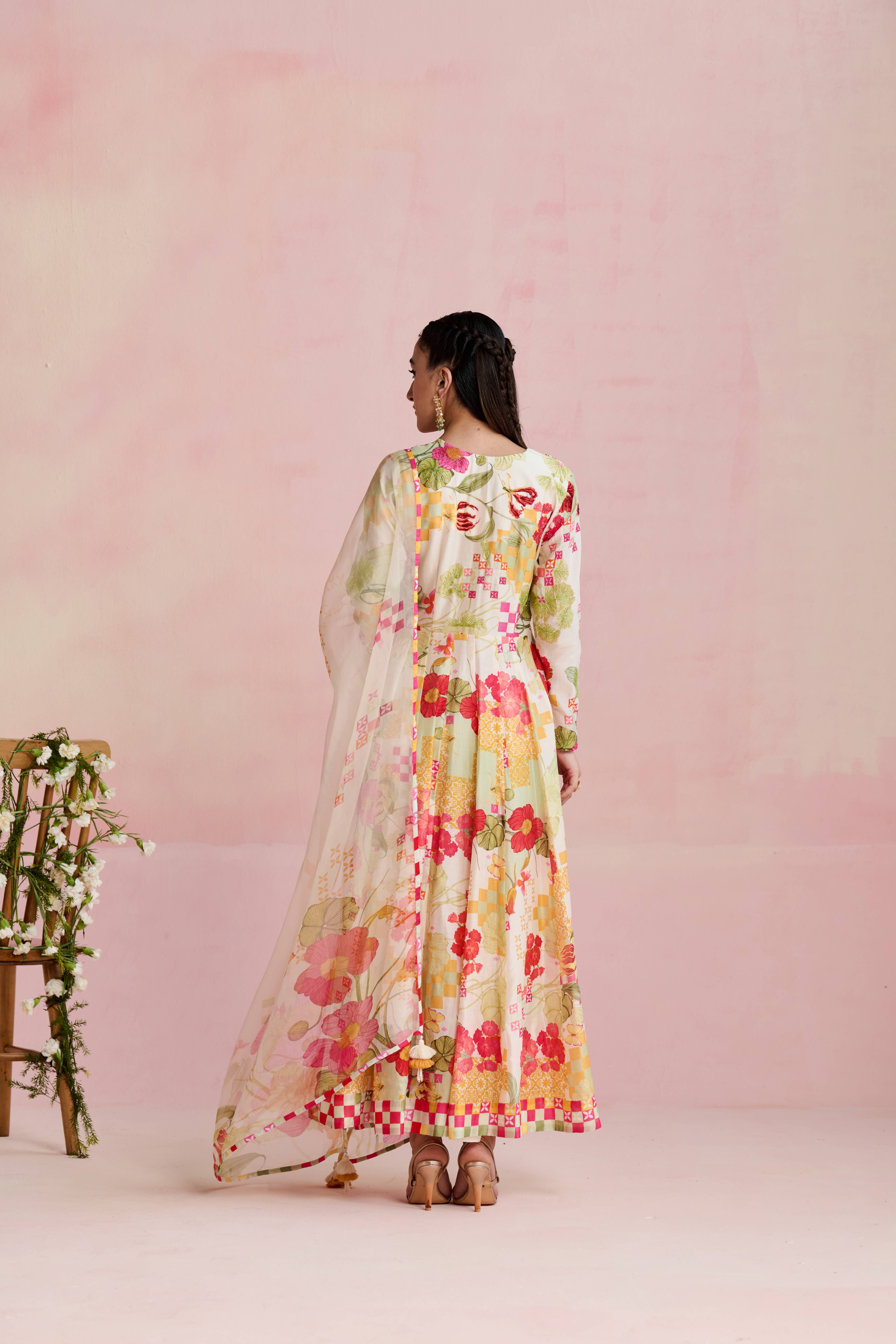 A model showcasing Zoha Silk Anarkali Suit by Nirvair from Nirvair's collection