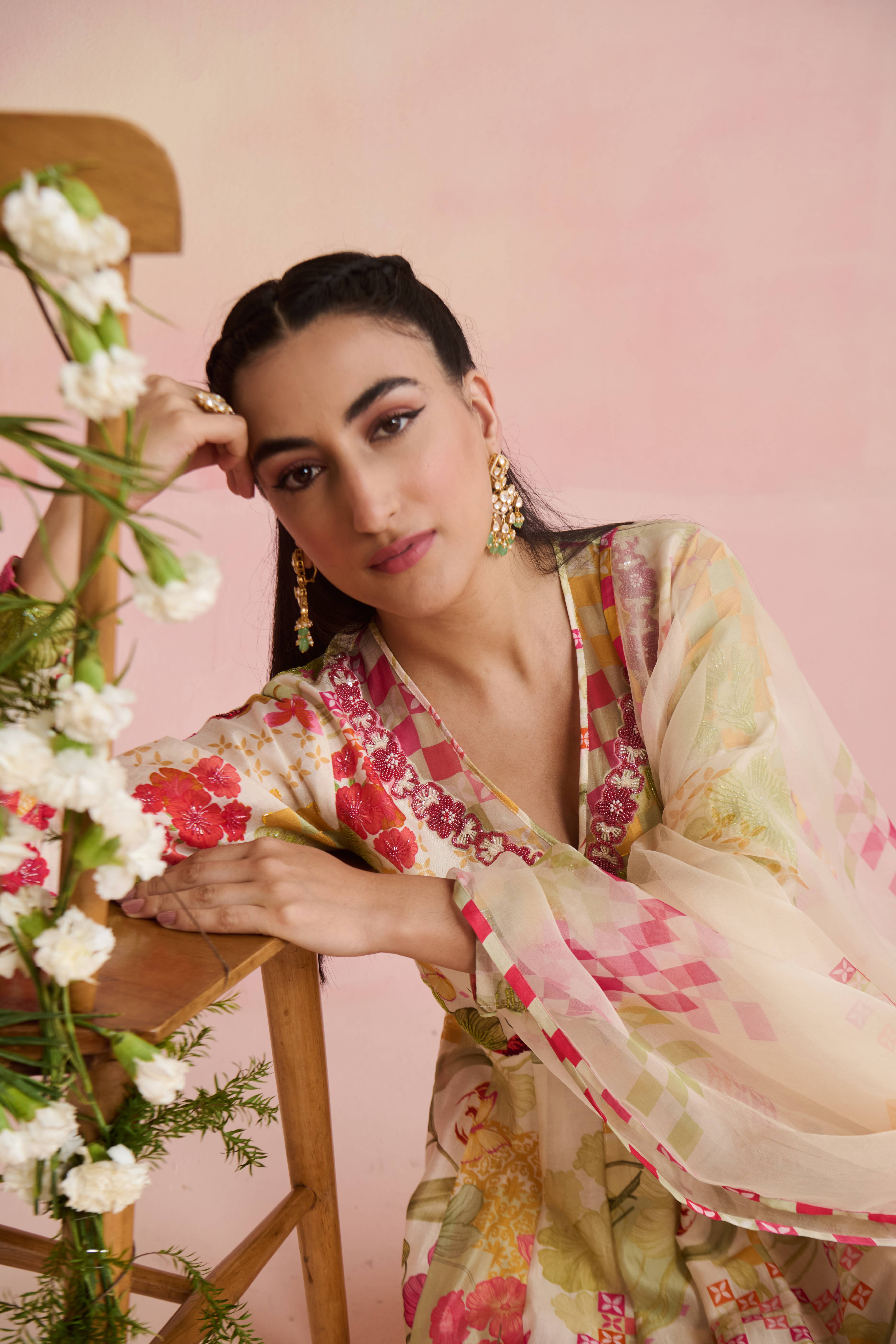 A model showcasing Zoha Silk Anarkali Suit by Nirvair from Nirvair's collection