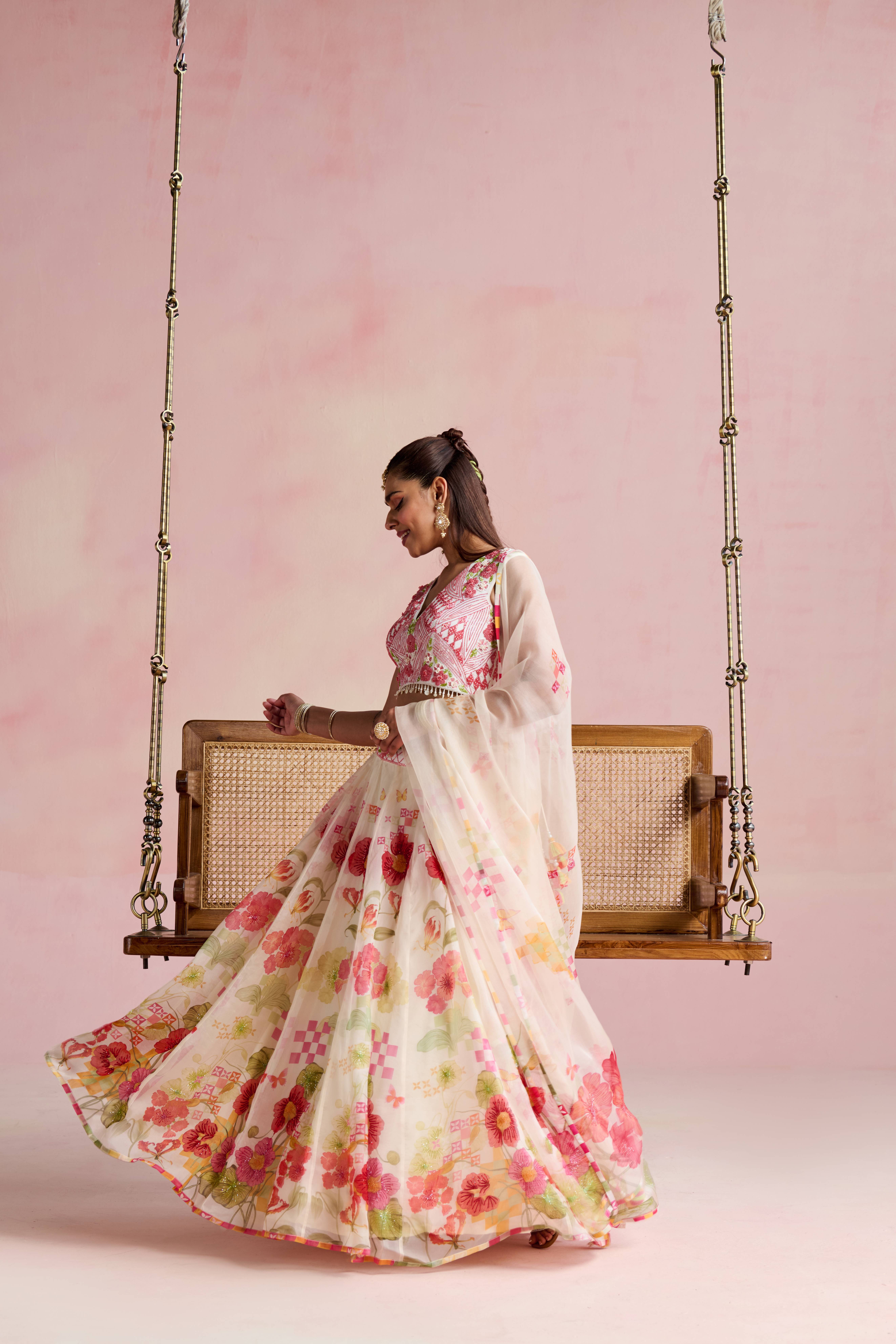 A model showcasing Laya Lehenga Set by Nirvair from Nirvair's collection