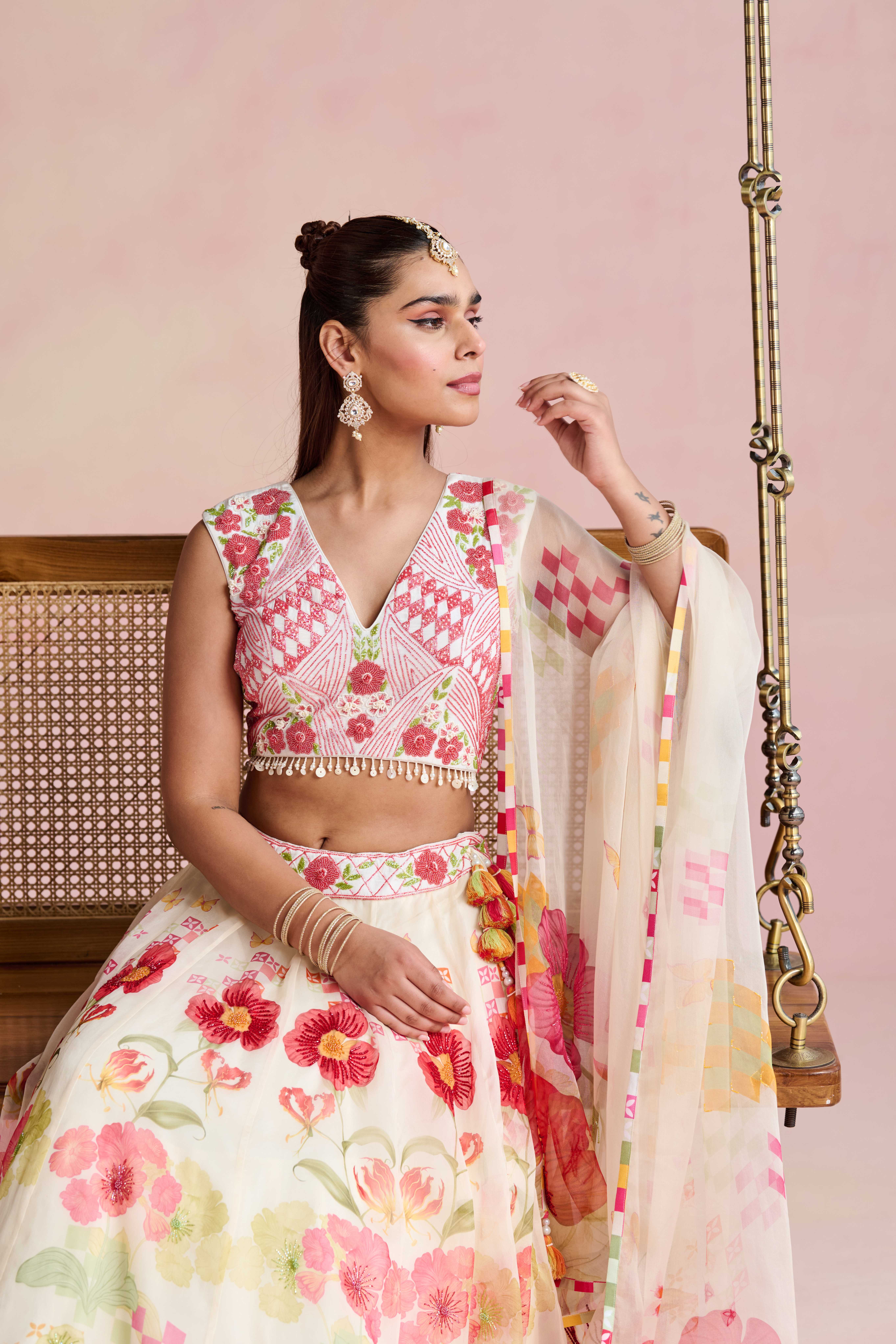 A model showcasing Laya Lehenga Set by Nirvair from Nirvair's collection