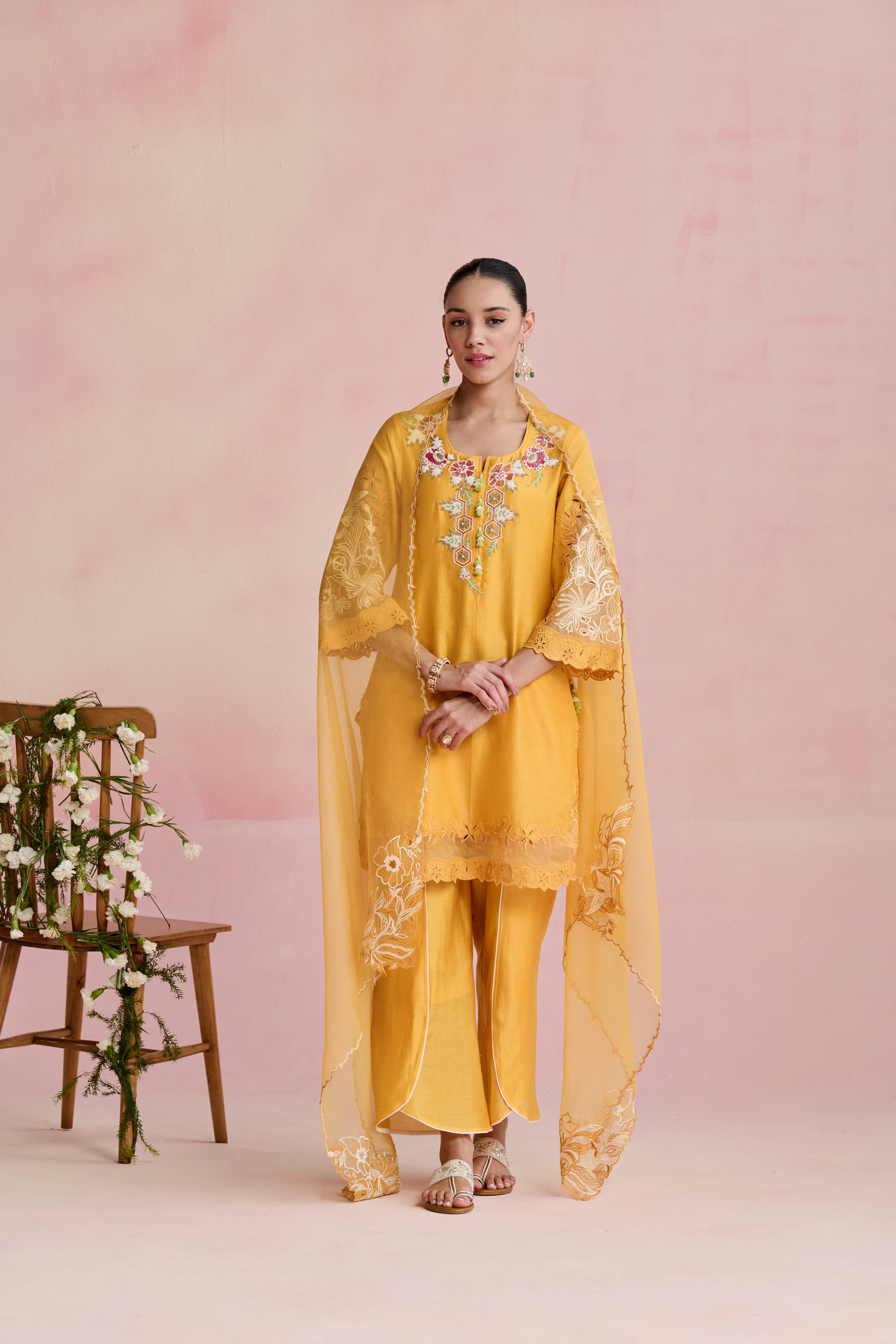 A model showcasing Ishana Yellow Kurta And Pants Feature image by Nirvair from Nirvair's collection