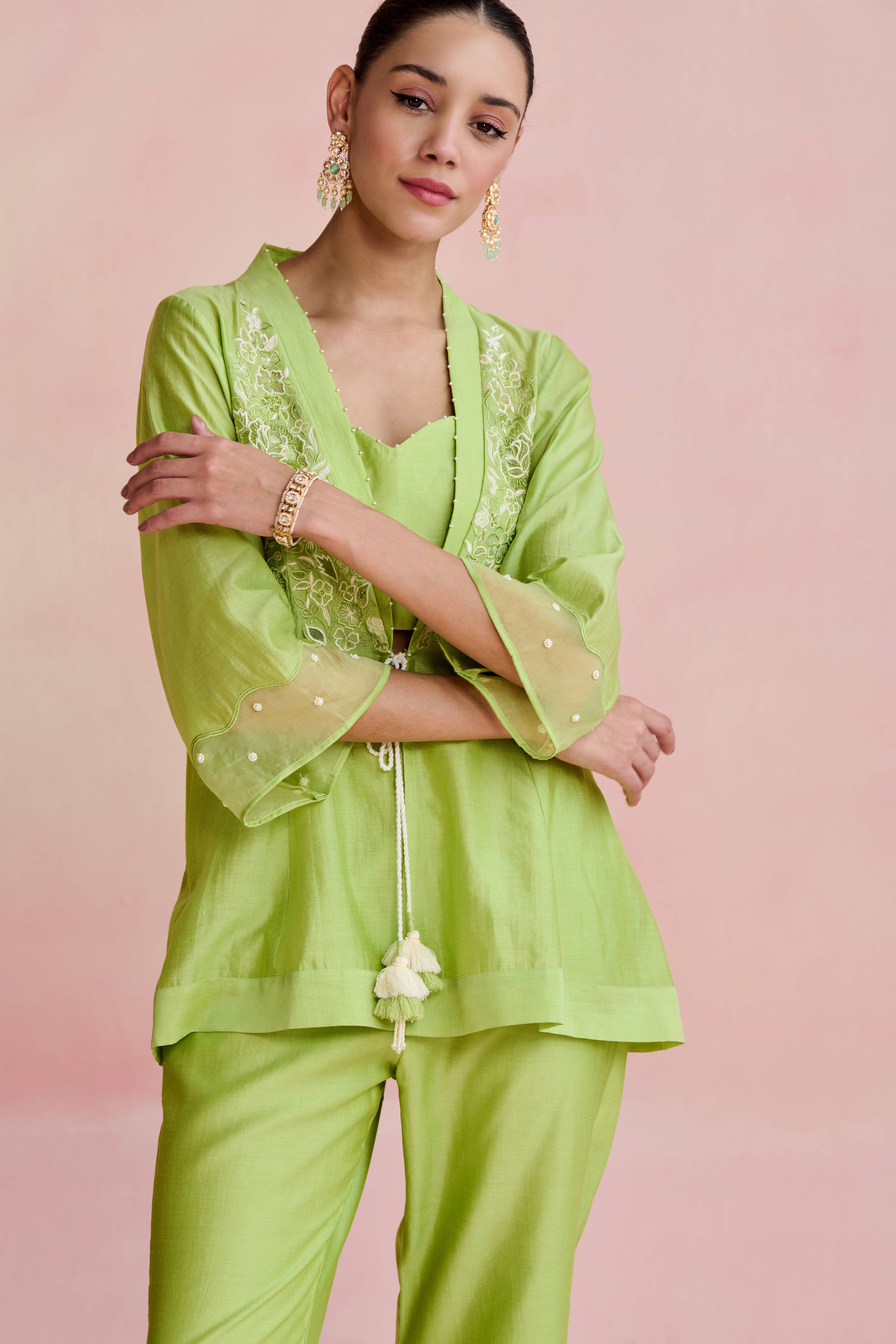 A model showcasing Idaya Light Green Coord Set by Nirvair from Nirvair's collection
