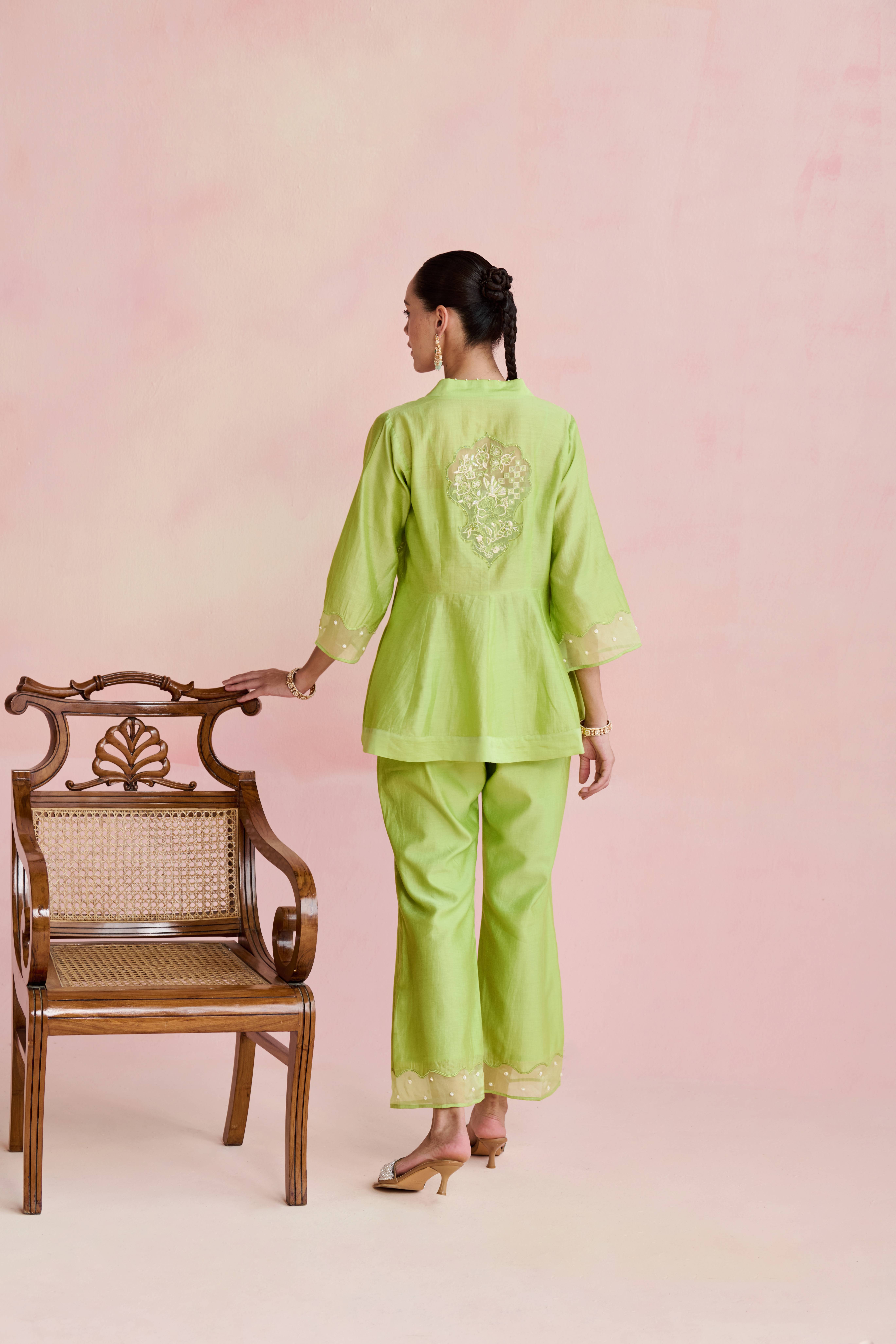 A model showcasing Idaya Light Green Coord Set by Nirvair from Nirvair's collection