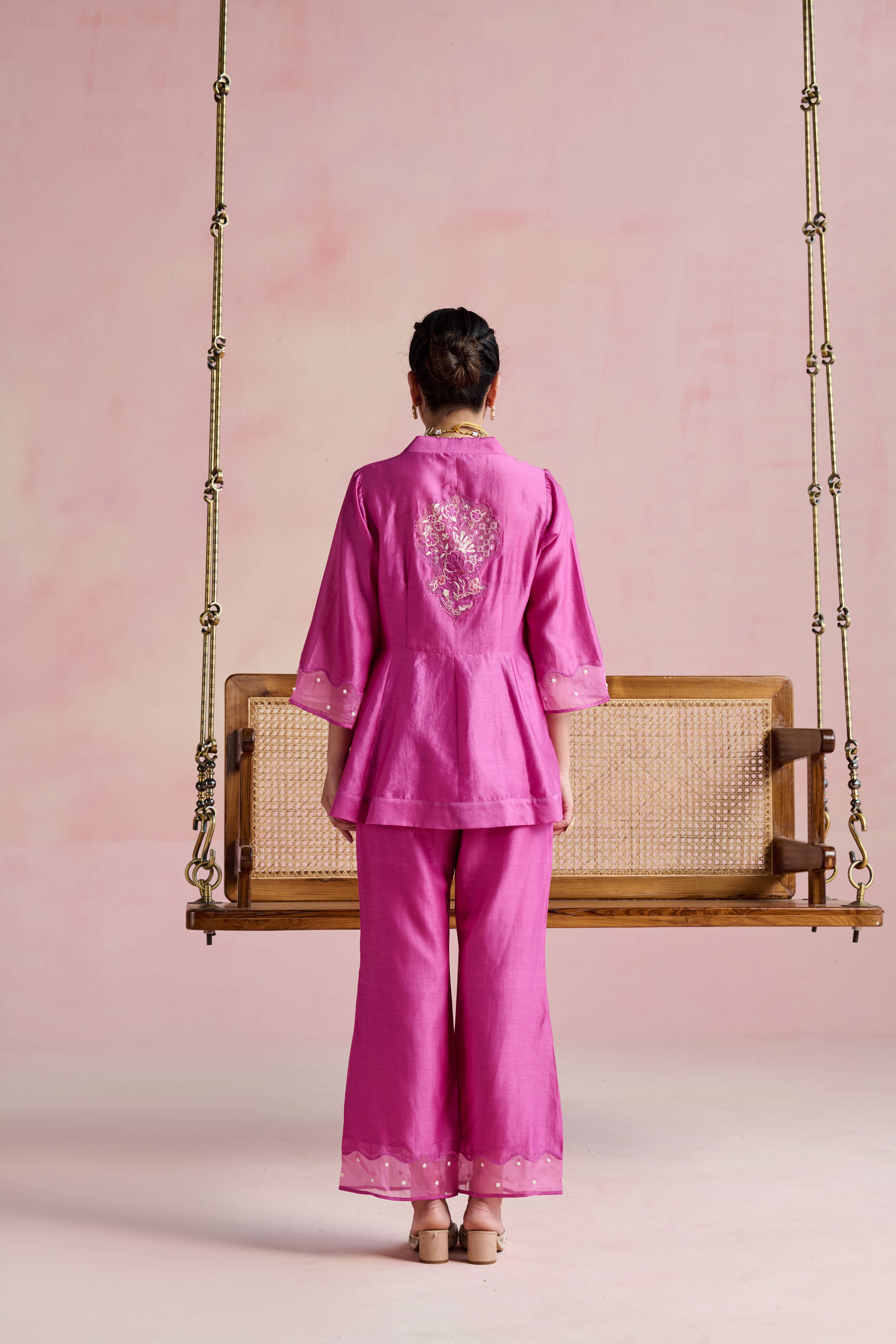 A model showcasing Idaya Magenta Pink Coord Set by Nirvair from Nirvair's collection