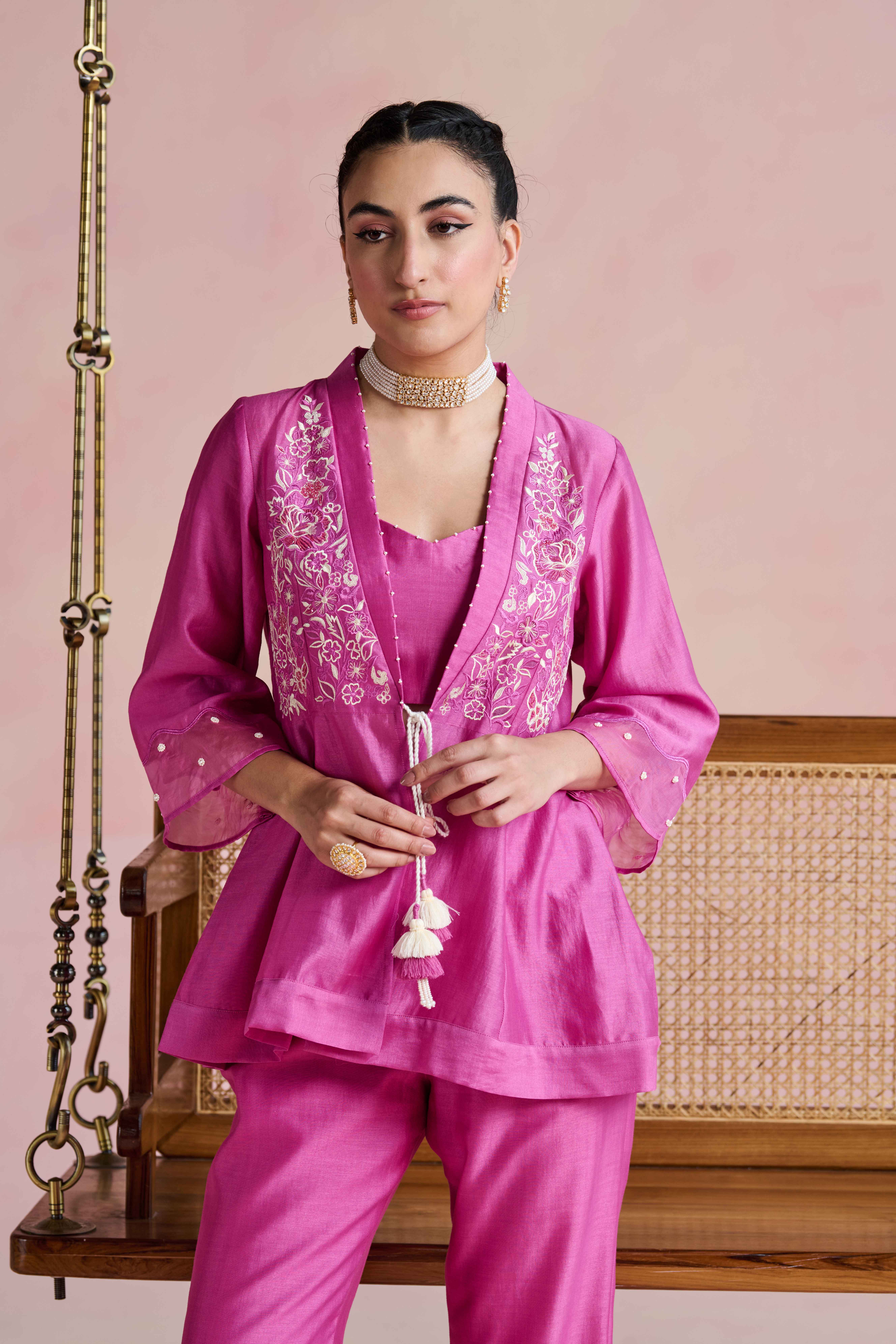 A model showcasing Idaya Magenta Pink Coord Set by Nirvair from Nirvair's collection