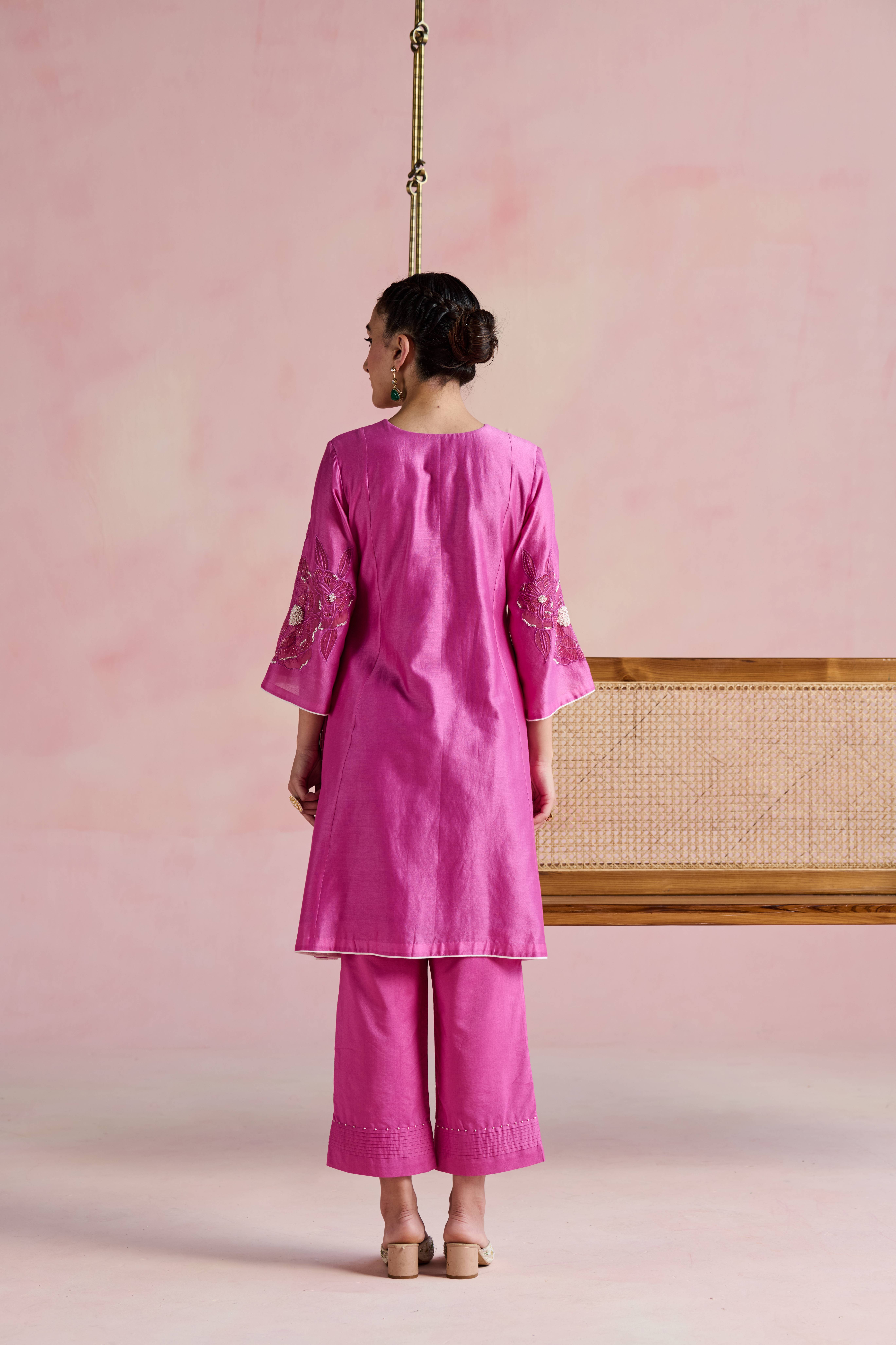 A model showcasing Zil Magenta Pink Kurta With Pants by Nirvair from Nirvair's collection